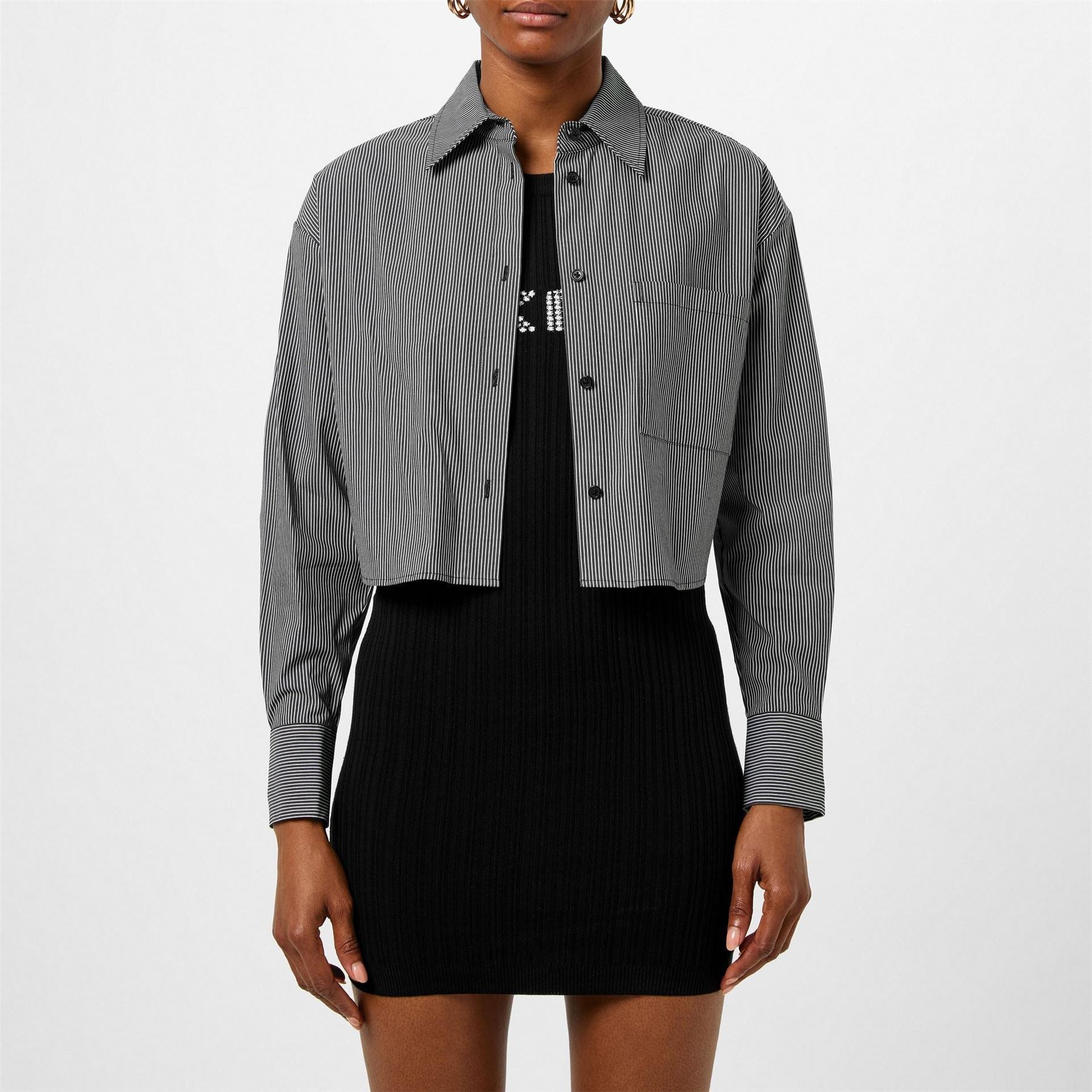 DKNY Cropped Stripe Long Sleeve Oxford Shirt