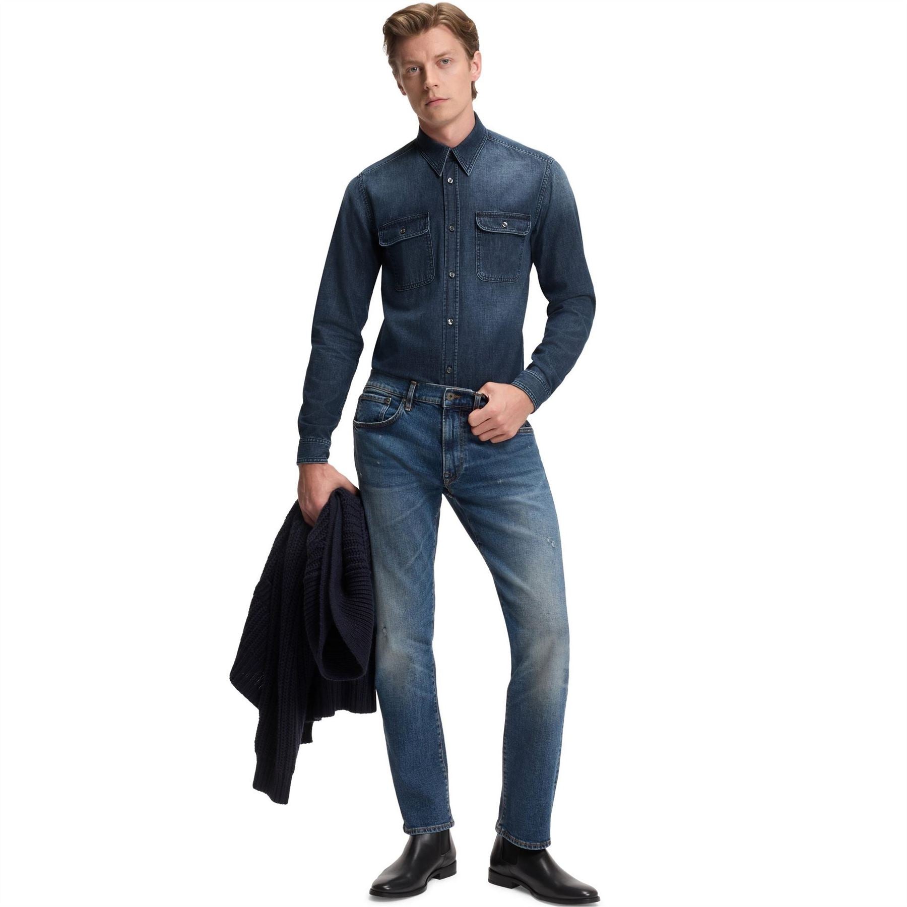 Boss Double Breasted Cotton Long Sleeve Denim Shirt