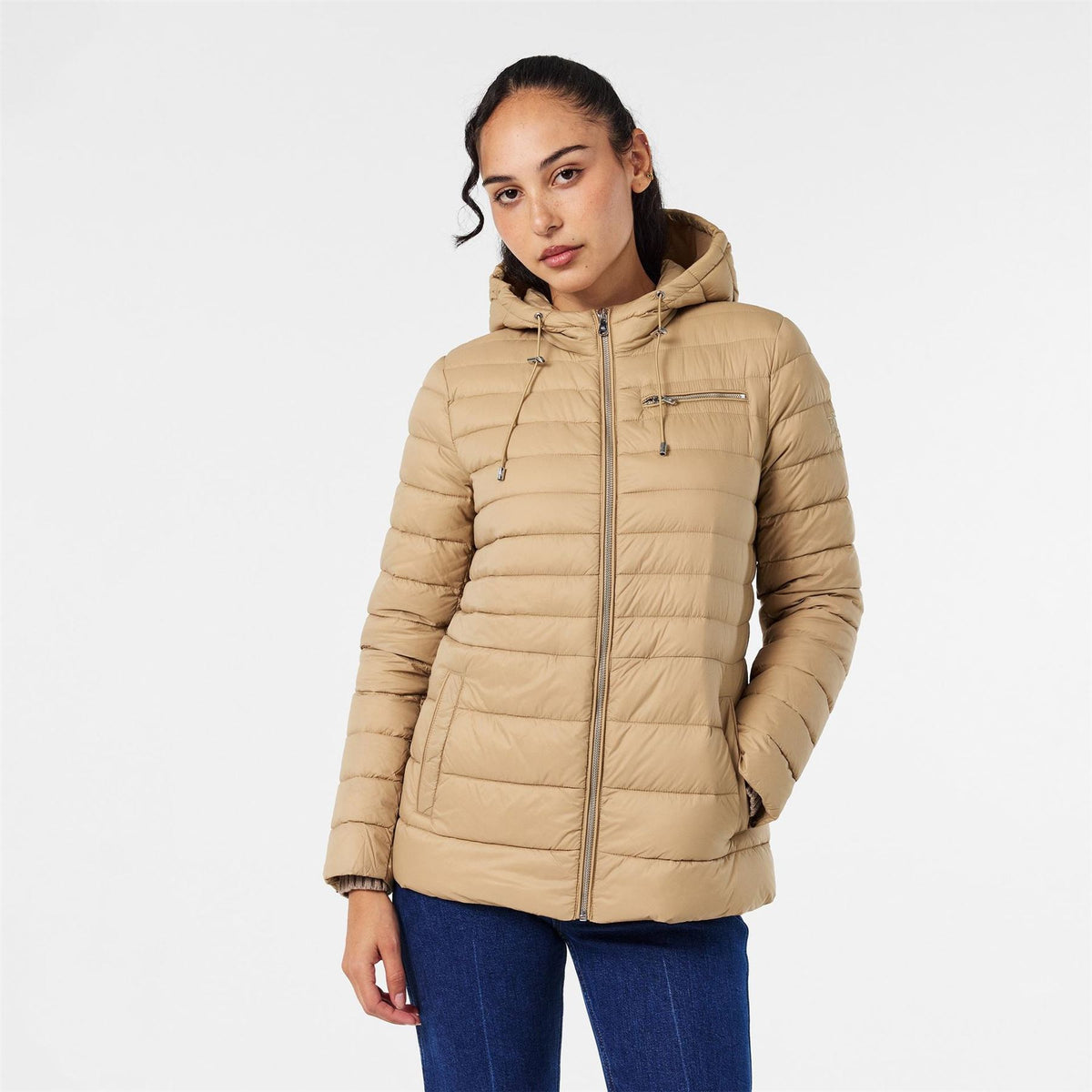 Lauren by Ralph Lauren Hooded Drawstring Horizontal Patterned Puffer Jacket