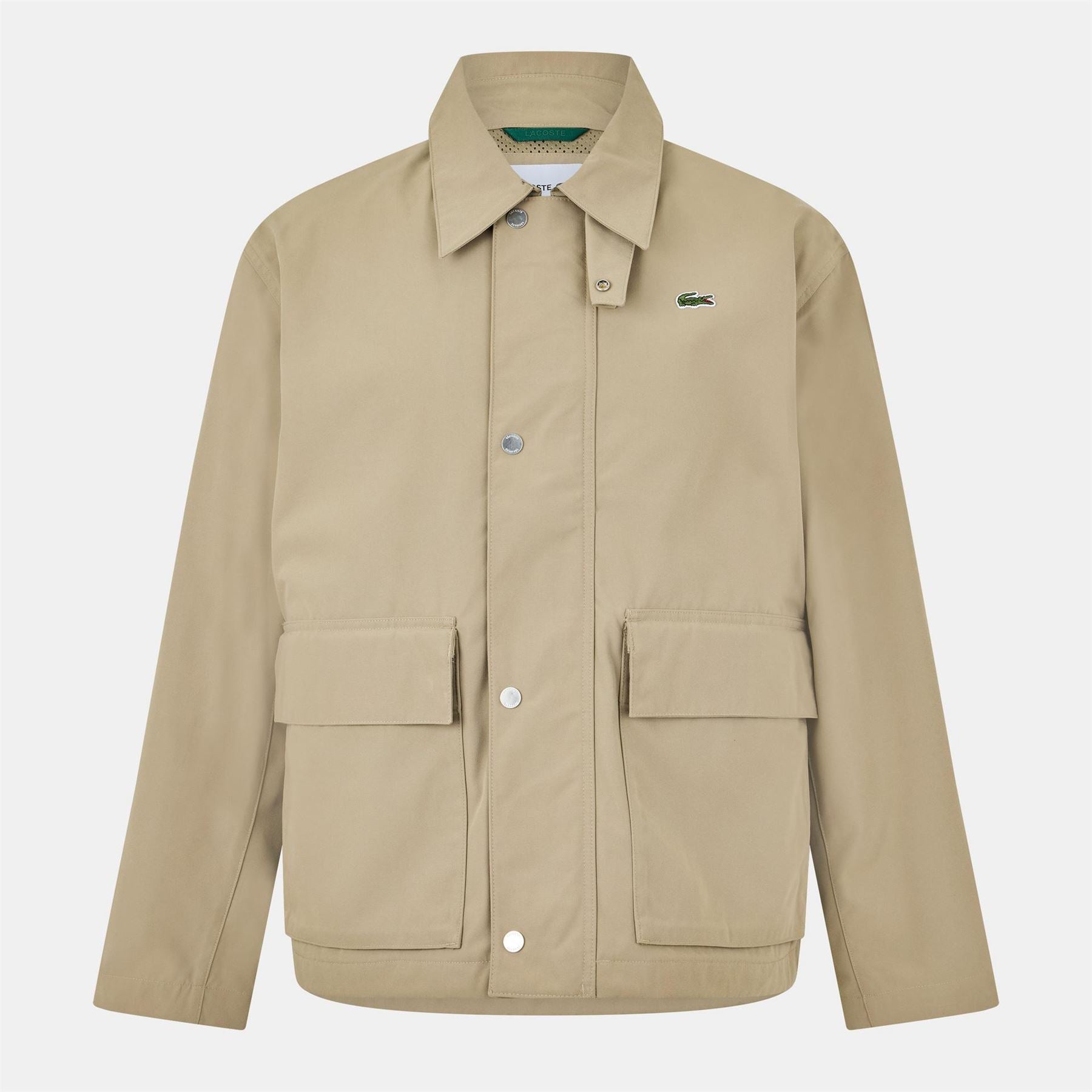 Lacoste Solid Patterned Snap Button Flap Pocket Parka Jacket with Logo