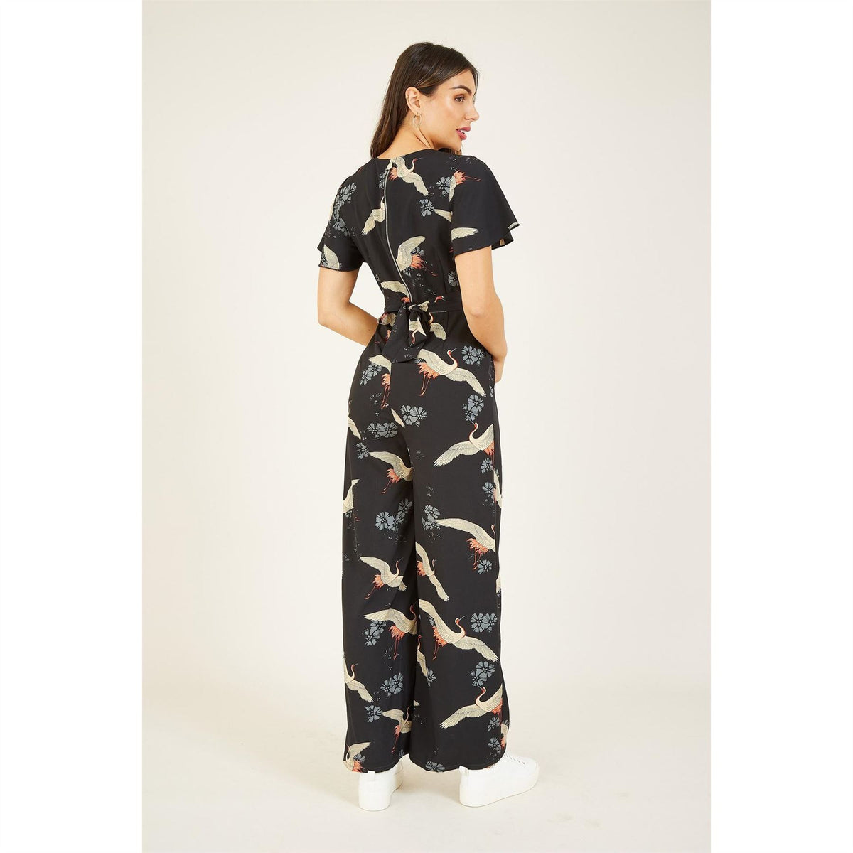 Yumi Crane Print Wide Leg Jumpsuit with Flutter Sleeves
