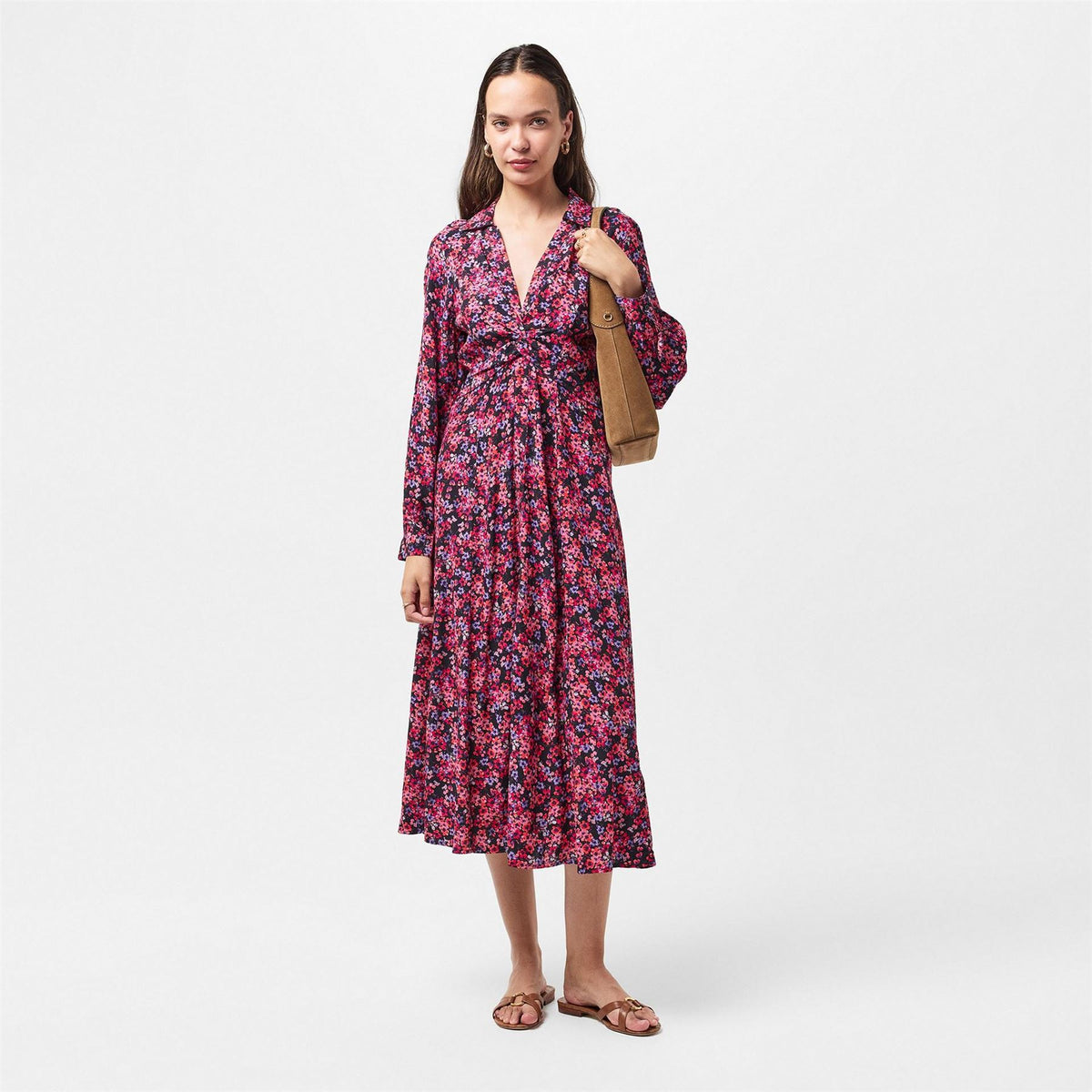 French Connection V-Neck Midi A-Line Dress with Floral Pattern and Long Sleeves