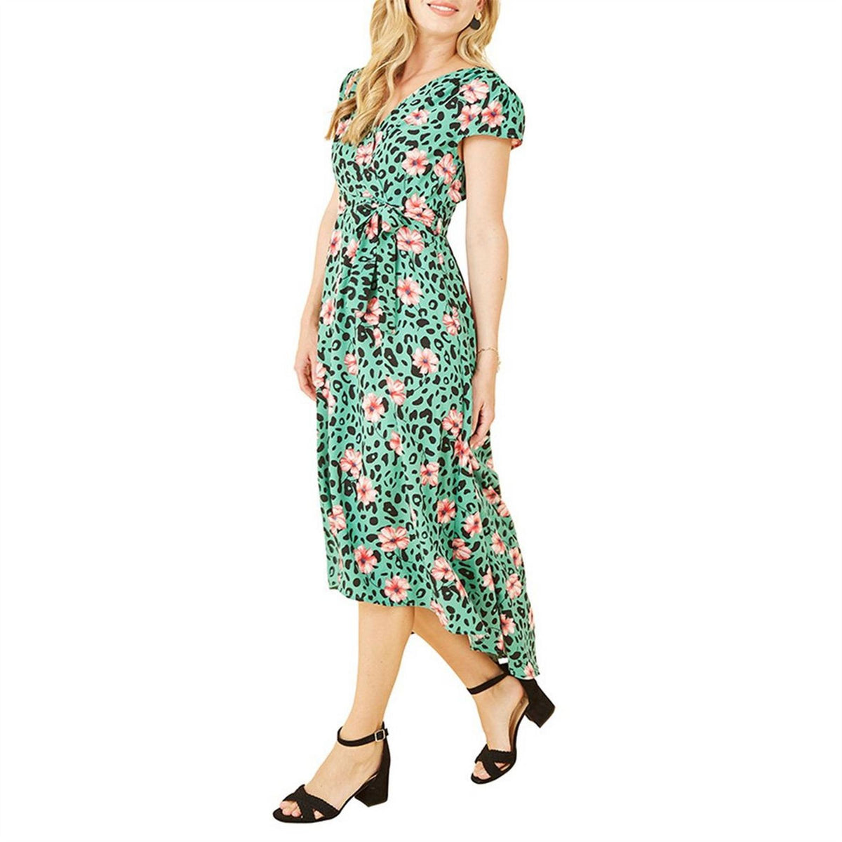 Mela London Green Animal Print Dipped Hem Wrap Dress