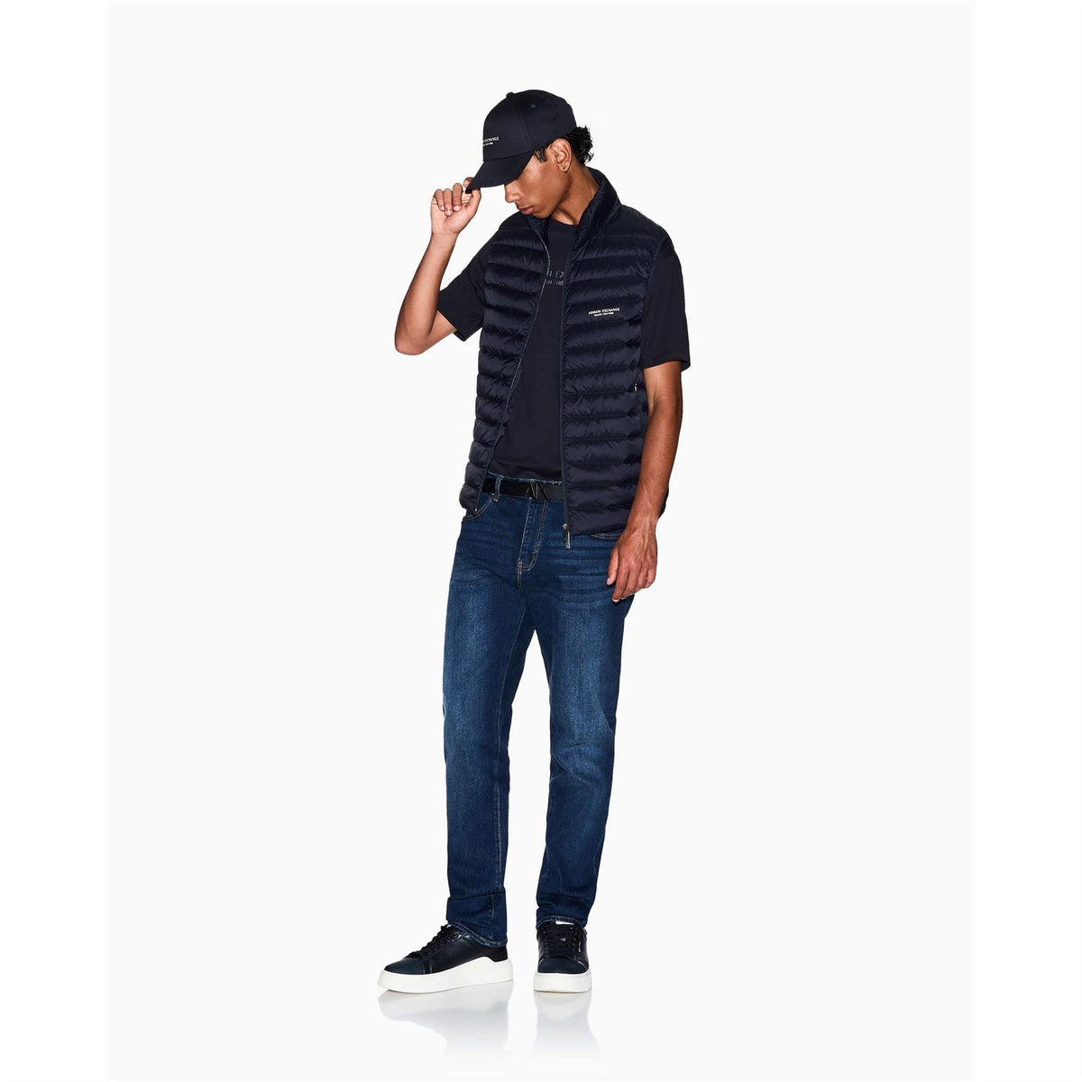 Armani Exchange Horizontal Stripe Two-Way Zipper Waist Coat with Printed Logo