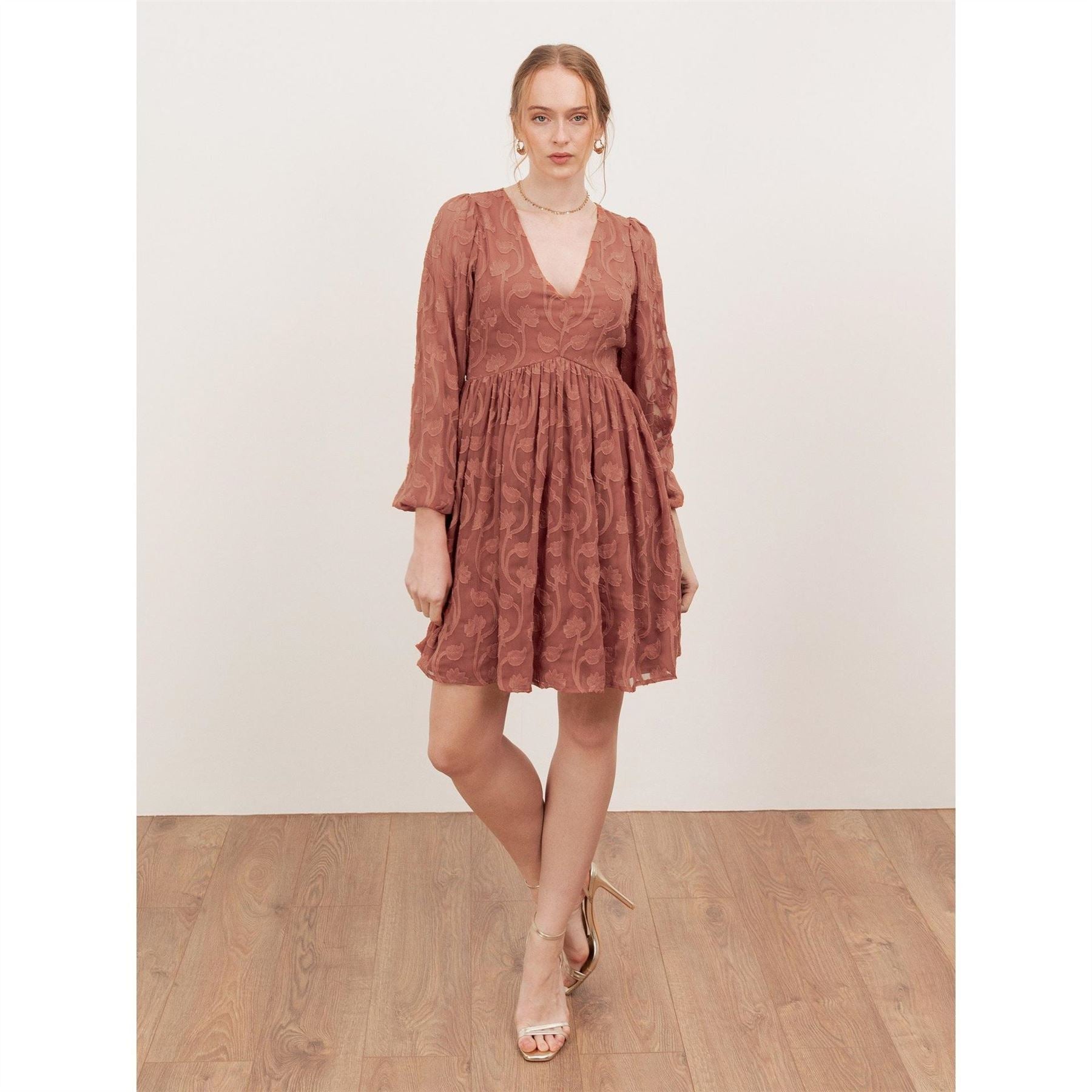Lovedrobe Terracotta Floral Burnout Maxi Sleeve Mini Dress
