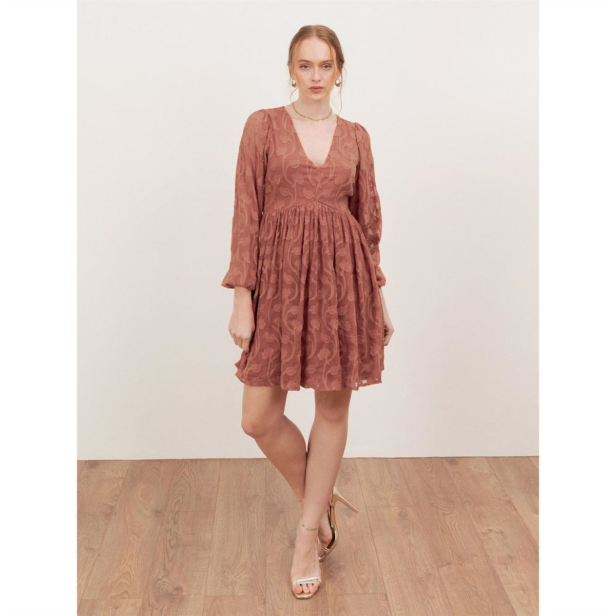 Lovedrobe Terracotta Floral Burnout Maxi Sleeve Mini Dress