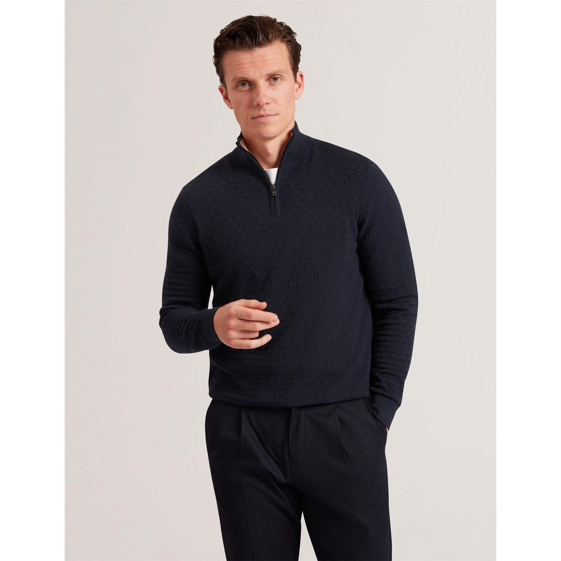 Ted Baker Zip Neck Ribbed Collar Long Sleeve Sweater