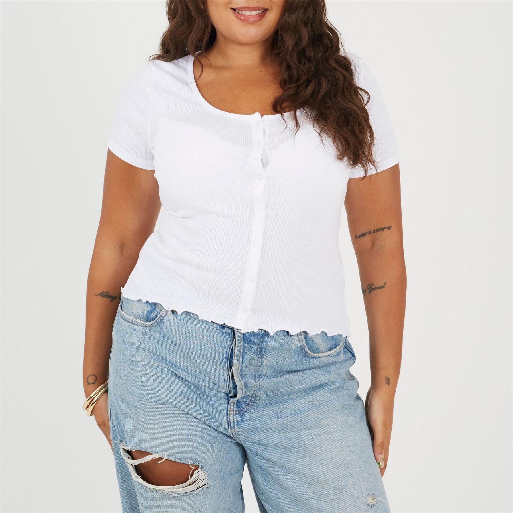 Brave Soul Plus Size Button Through Short Sleeve Top With Lettuce Hem