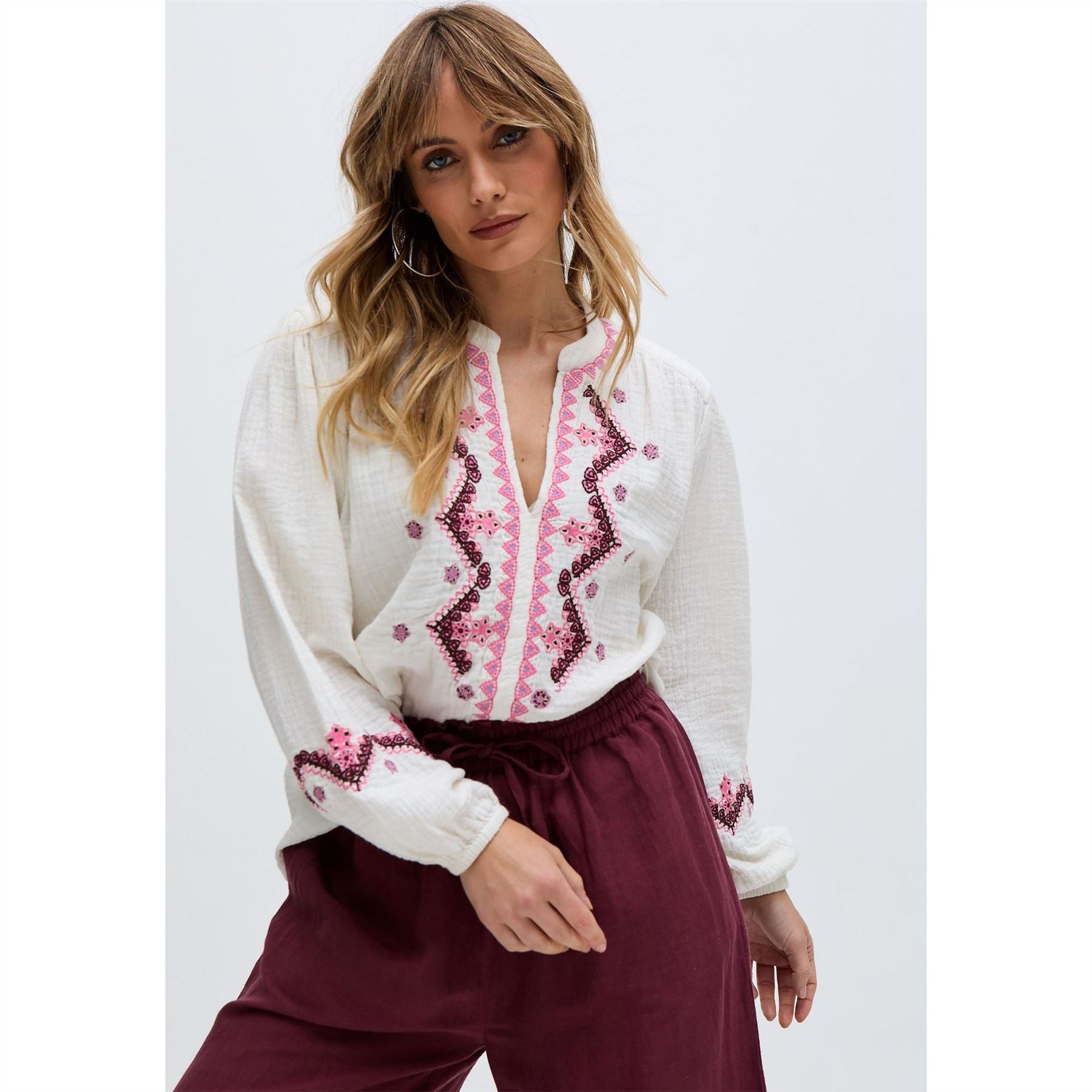 Raffya V Neck Embroidered Blouse In White
