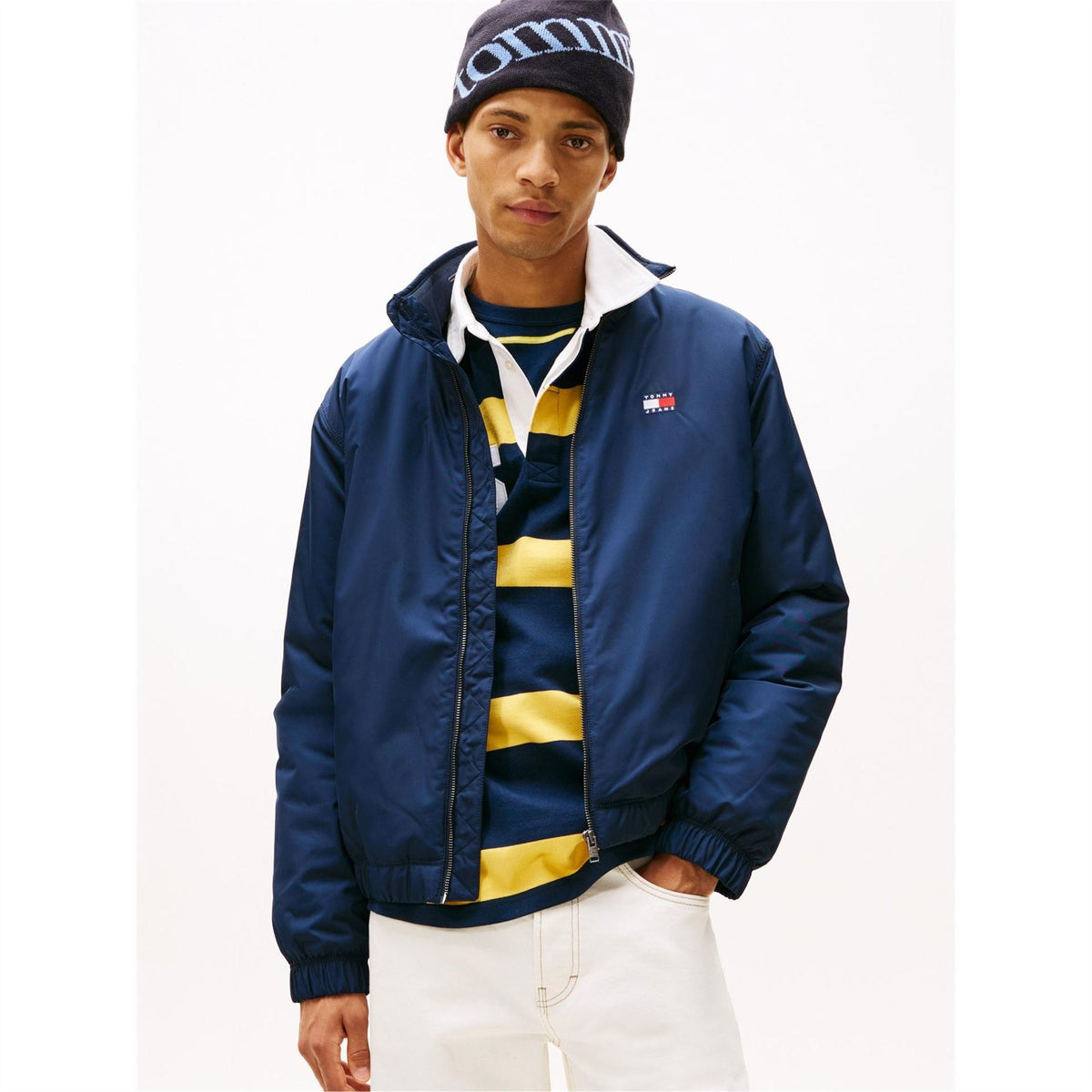 Tommy Jeans Solid Patterned Ribbed Cuff Mock Neck Harrington Jacket