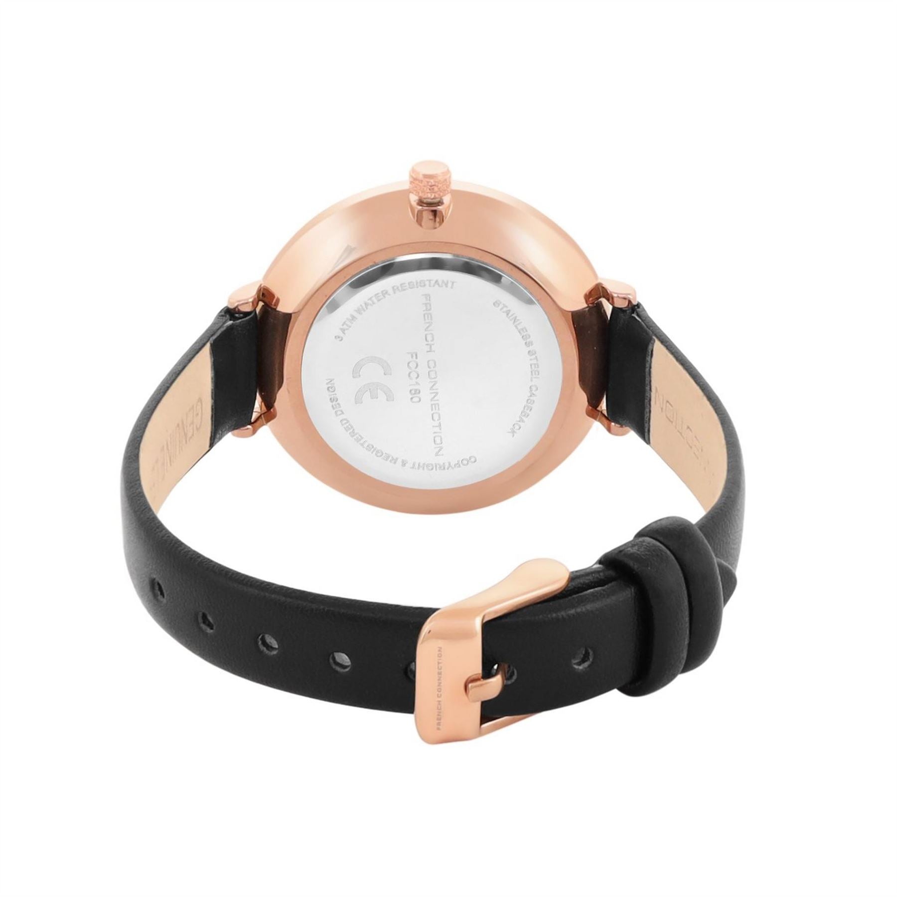 French Connection Connection Rose Case Round Shape Black Strap Quartz Watch