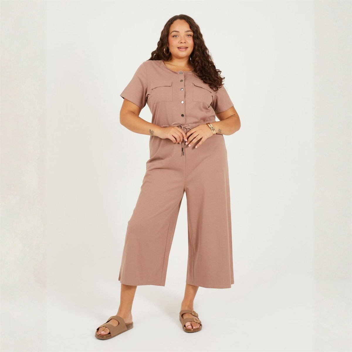 Brave Soul Crew Neck Short Sleeve Solid Patterned Culotte Jumpsuit