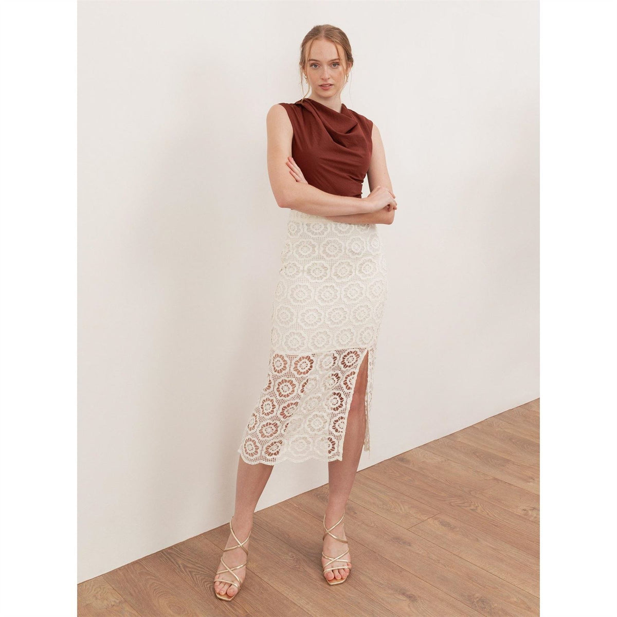 Lovedrobe Cream Crochet Lace Midi Skirt