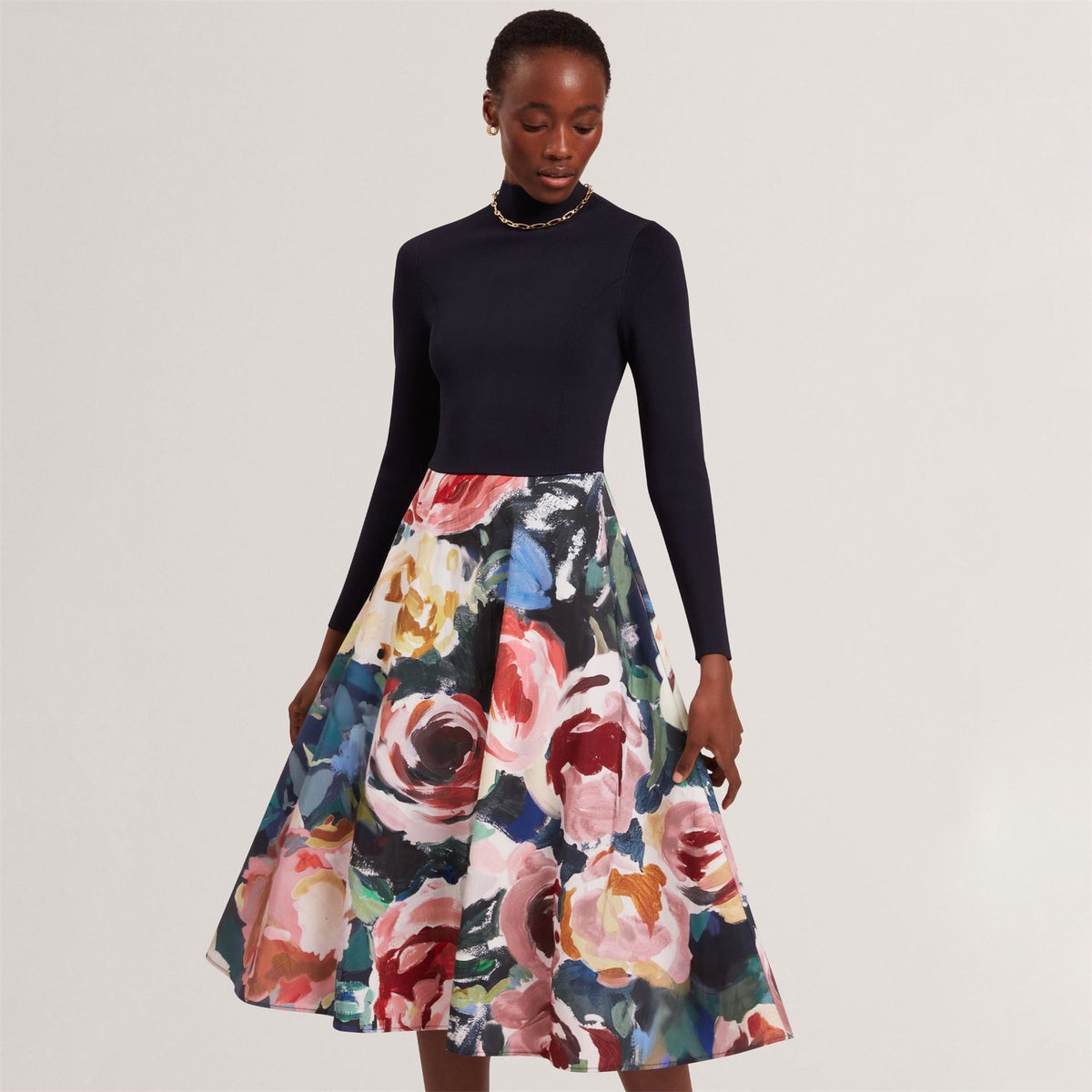 Ted Baker Print V-Neck Long Sleeve Midi Dress