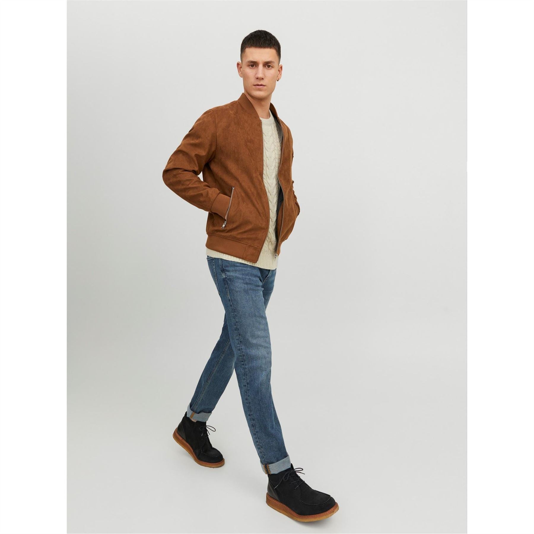 Jack and Jones Faux Suede Bomber Rib Crew Neck Jacket