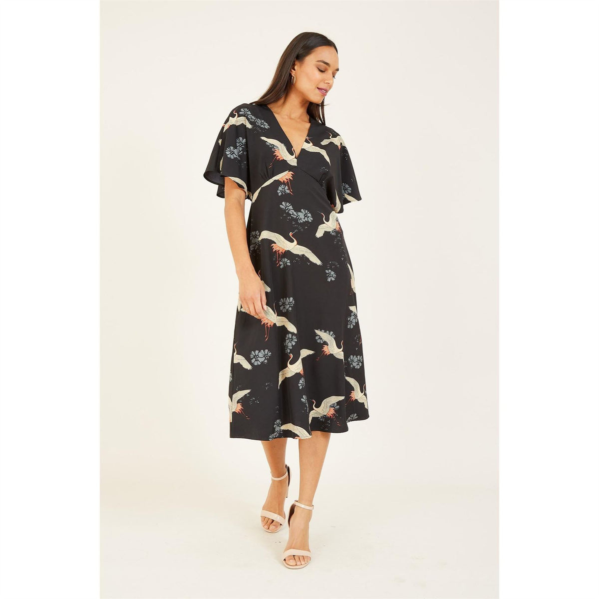 Yumi Crane Print Midi Dress