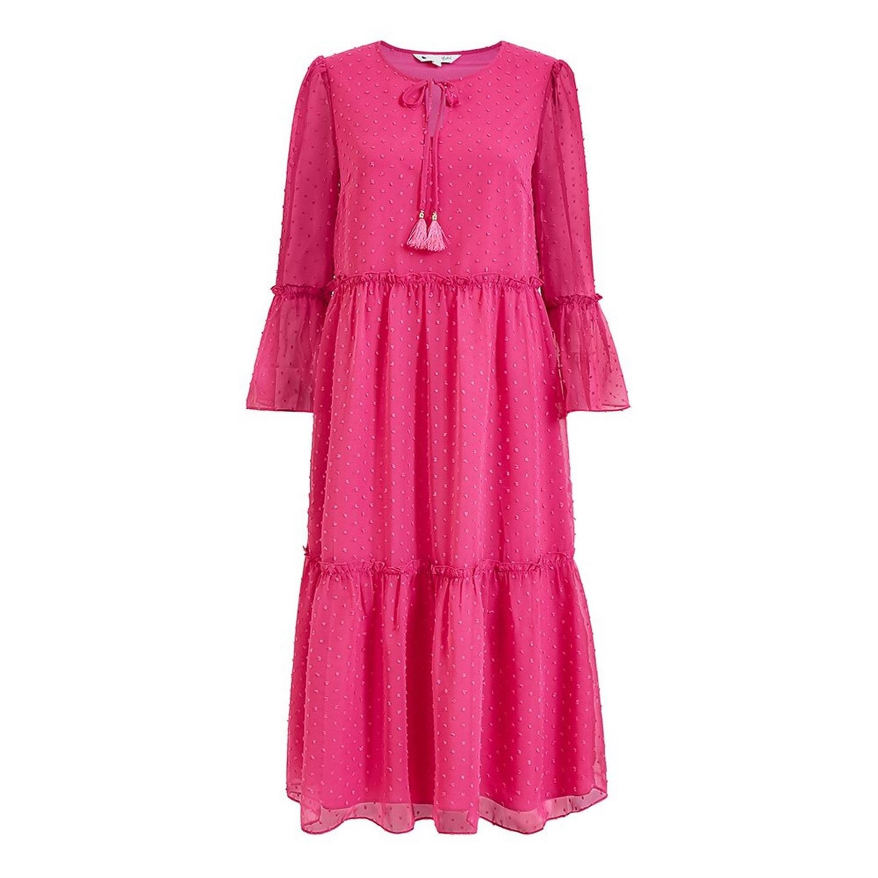 Yumi Boho Smocked Crew Neck Midi Tiered Dress