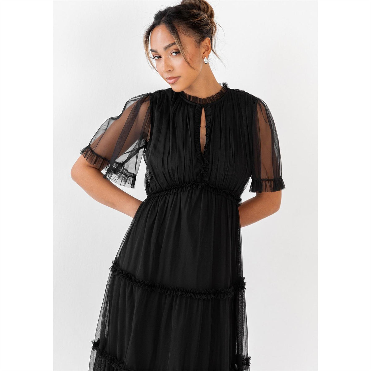 Anaya With Love With Love Black Keyhole Detail Short Sleeve Frill Midaxi Dress