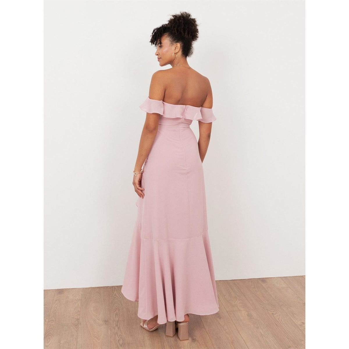 Maya Deluxe Soft Pink Embellished Faux Wrap Bardot Midaxi Dress