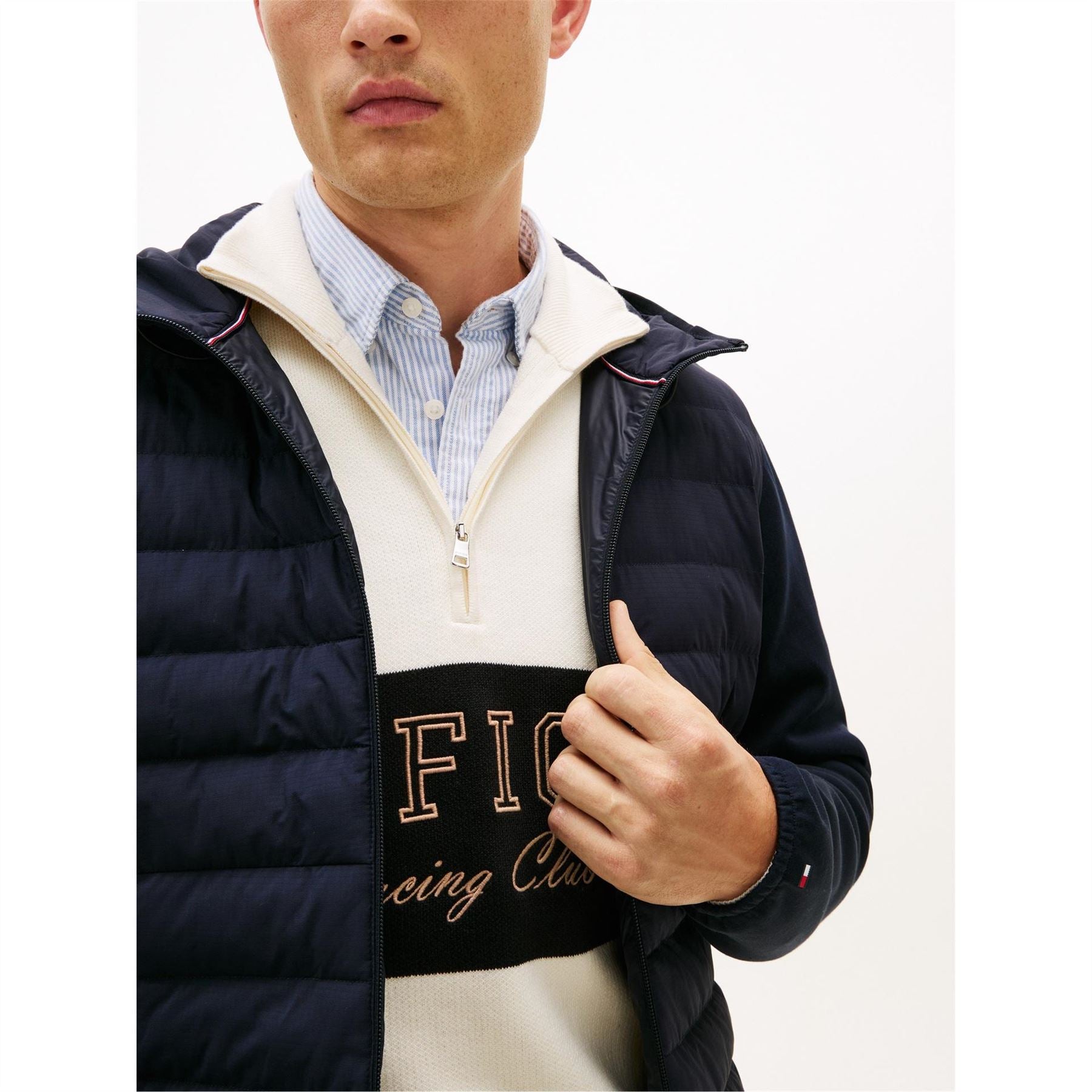 Tommy Hilfiger Hooded Neck Horizontal Stripe Patterned Hybrid Jacket with Zipped Pocket