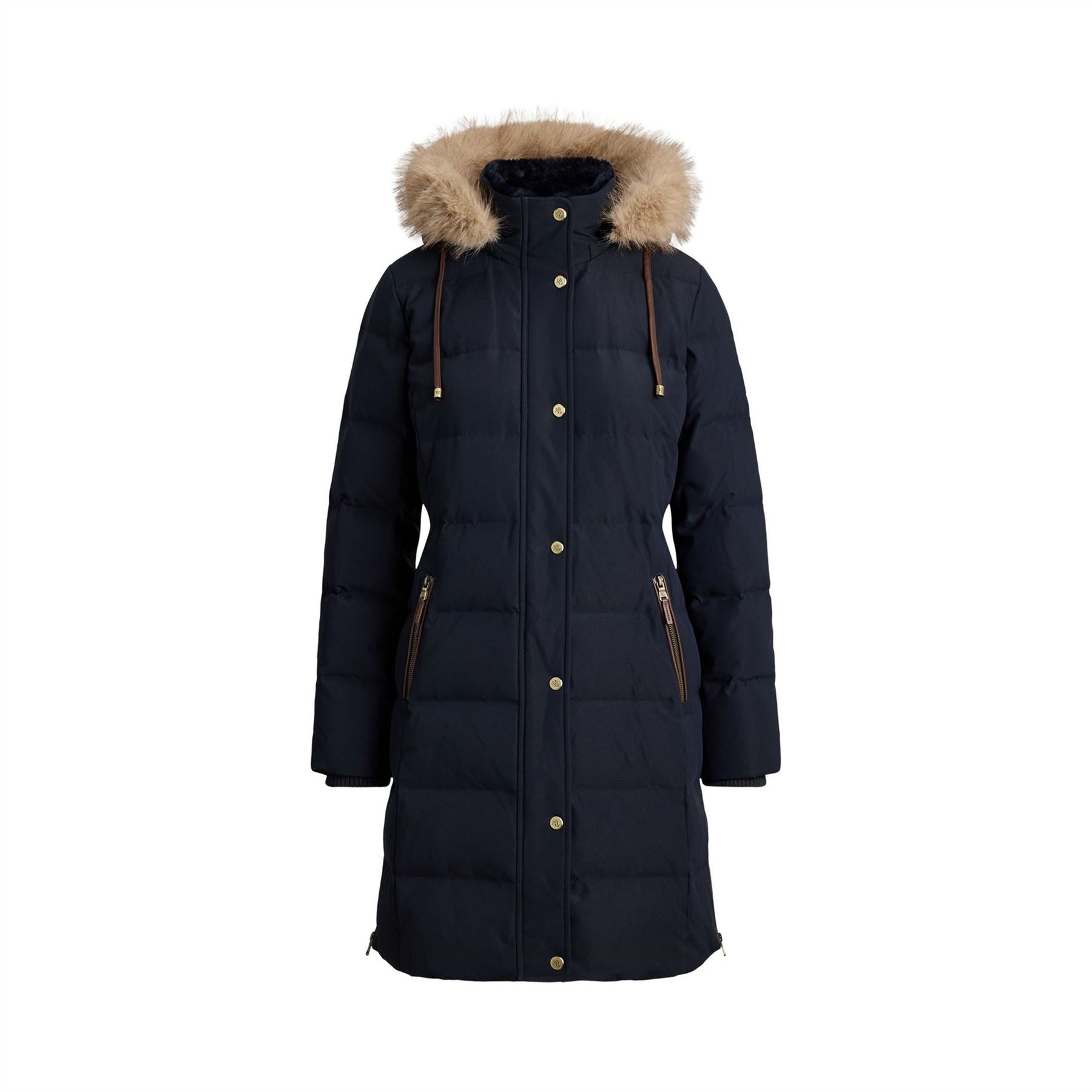 Lauren by Ralph Lauren Real Leather Fur Hood Medium Puffer Jacket