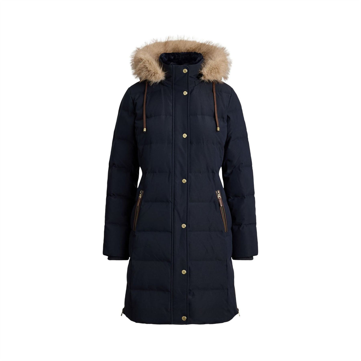 Lauren by Ralph Lauren Real Leather Fur Hood Medium Puffer Jacket