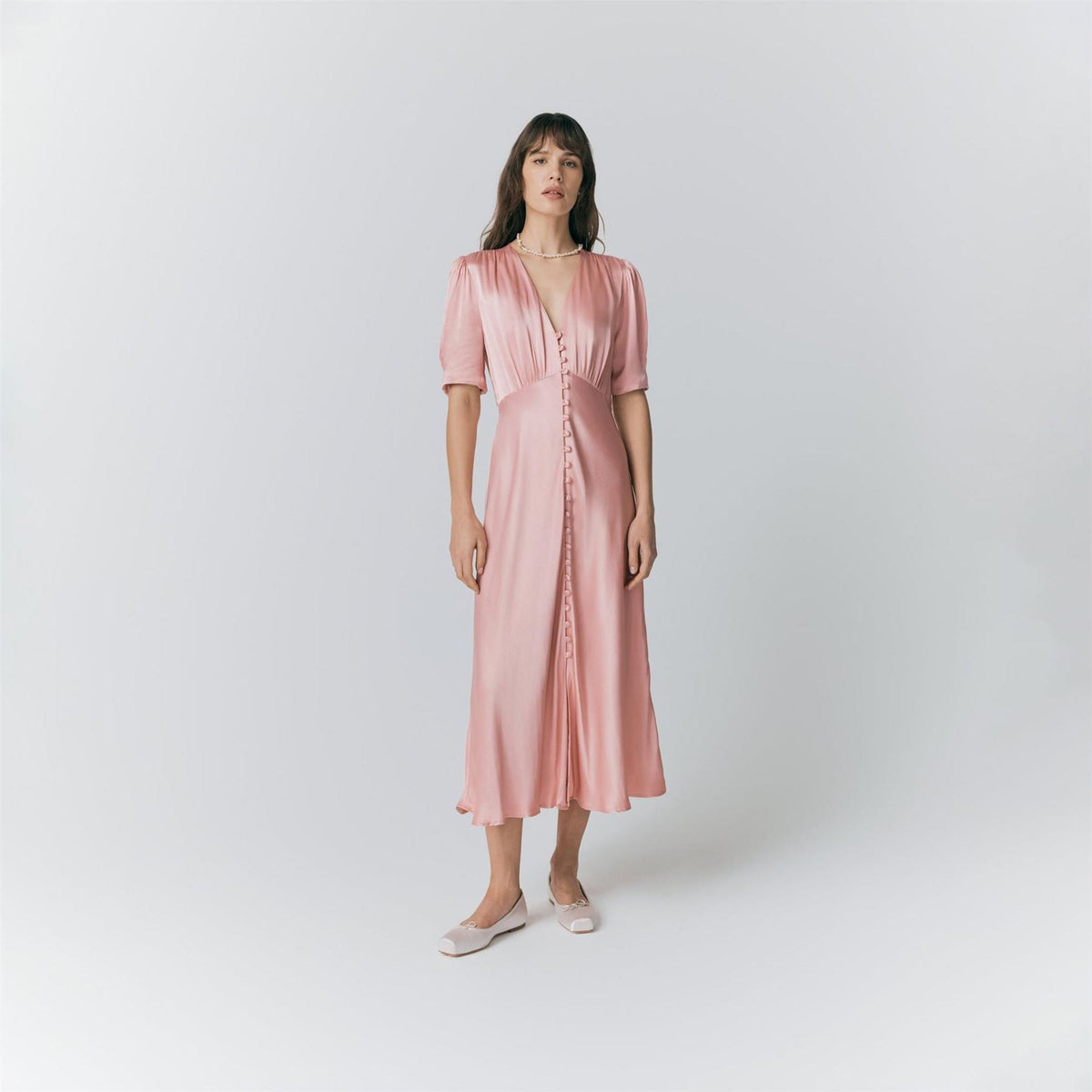 Ghost Satin V-Neck Midi Slip Dress