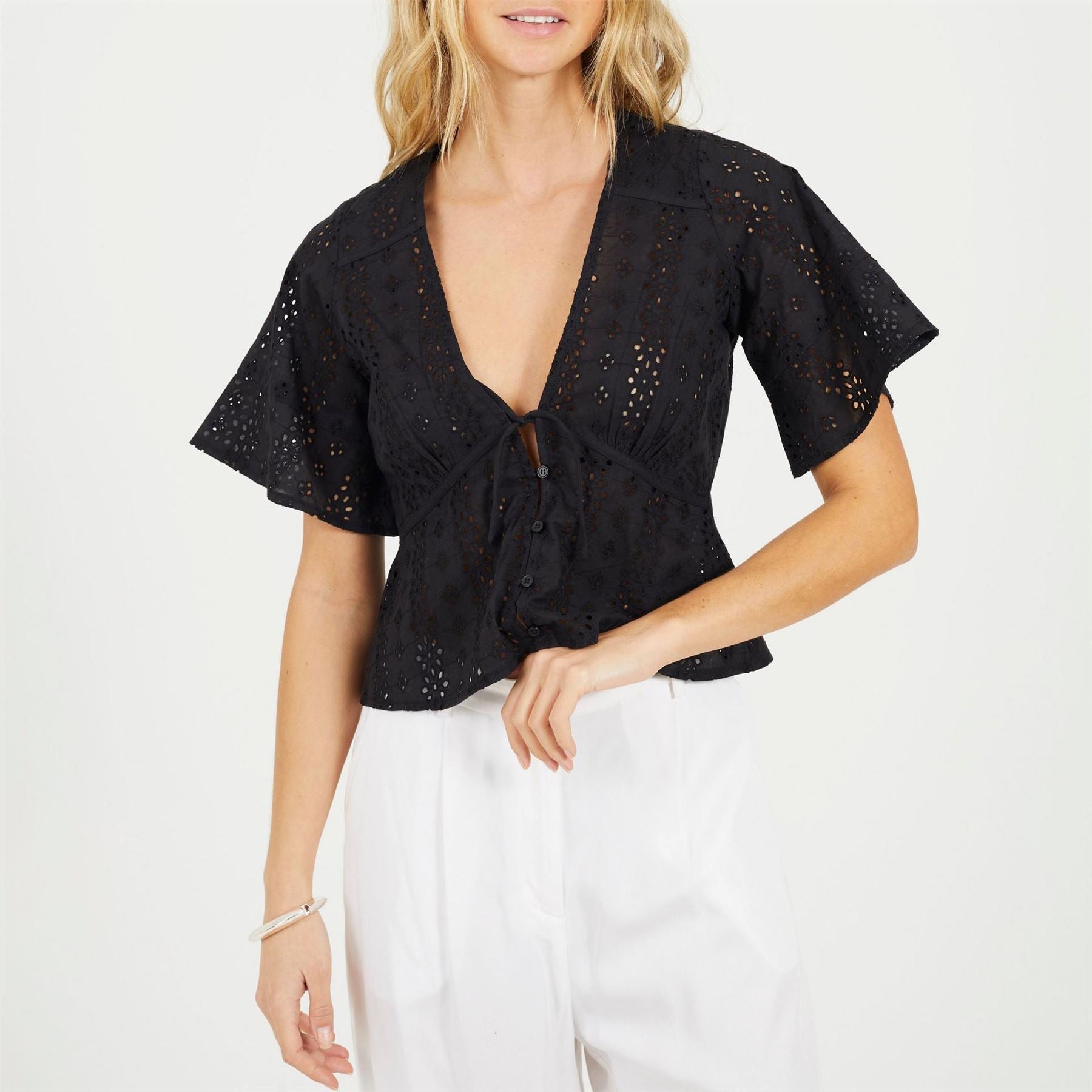 Brave Soul Womens Broderie Anglaise Short Sleeve Shirt With Front Tie Detail