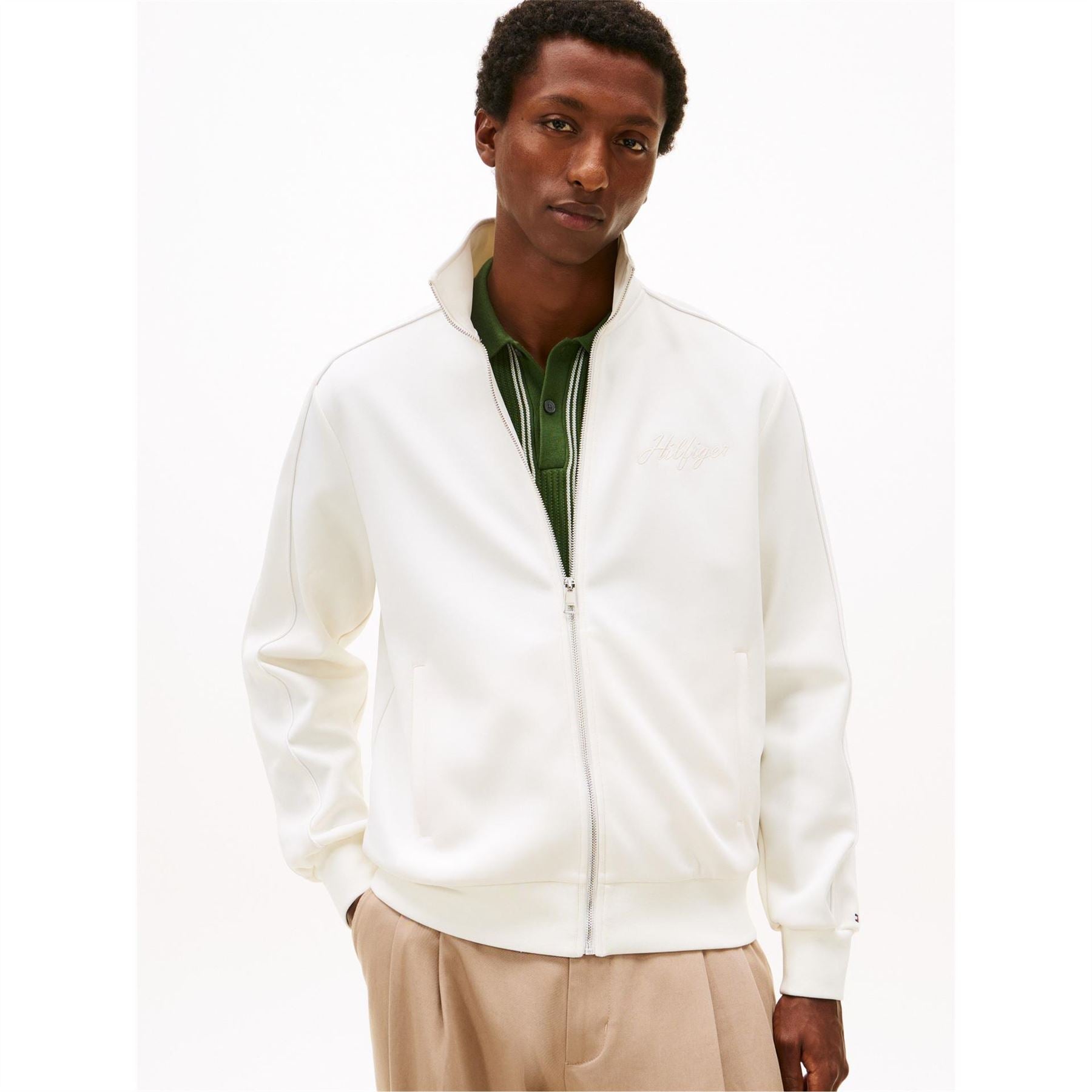 Tommy Hilfiger Modern Solid Patterned Full Zipper Ribbed Cuff Track Jacket