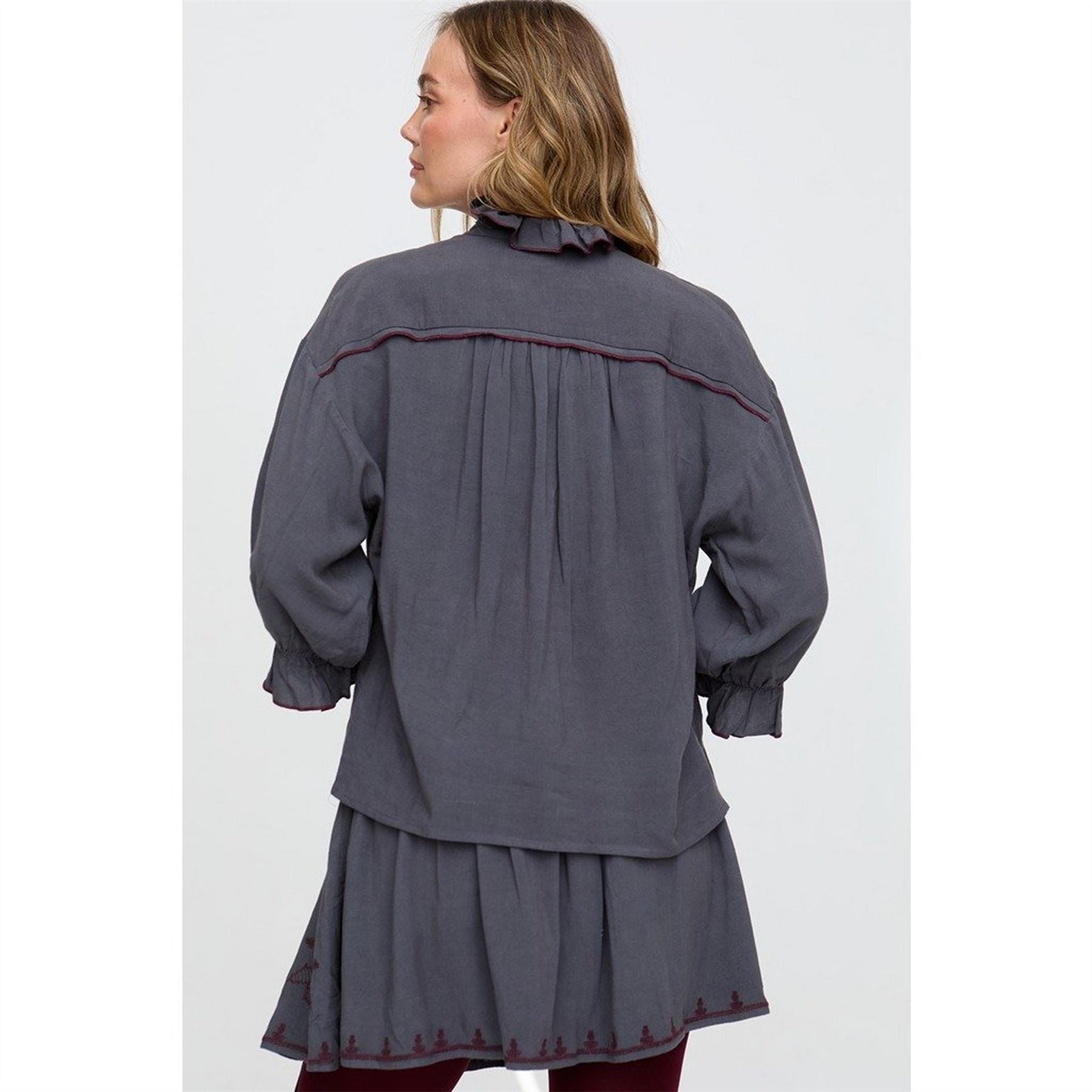 Raffya Julie Embroidered High Collar Ruffle Sleeve Peasant Shirt
