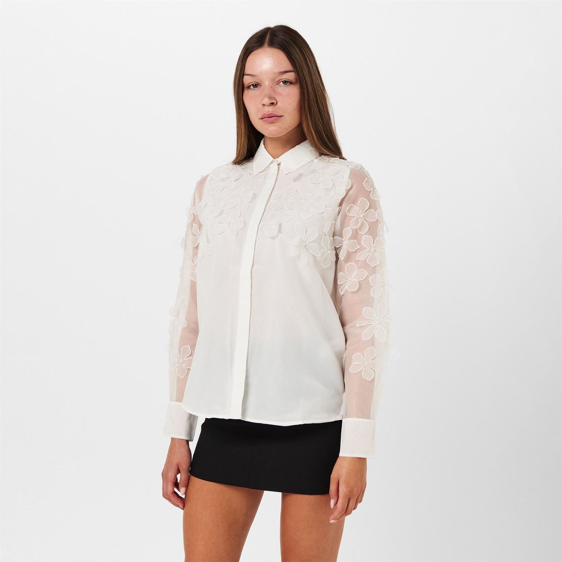 French Connection 3D Floral Embellished Relaxed Fit Long Sleeve Cuff Shirt