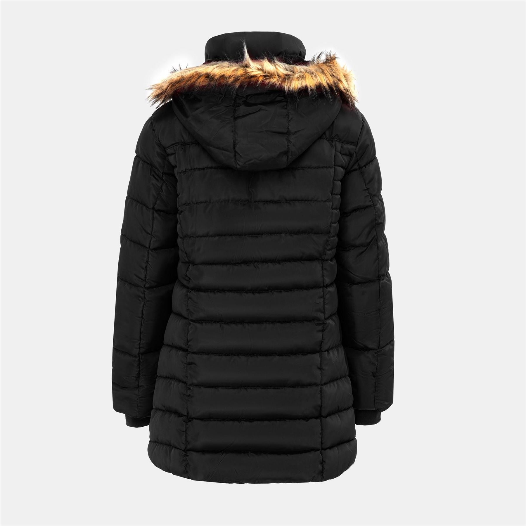 I Saw It First Solid Patterned Hooded Snap Button Fur Trim Ribbed Cuff Parka Jacket