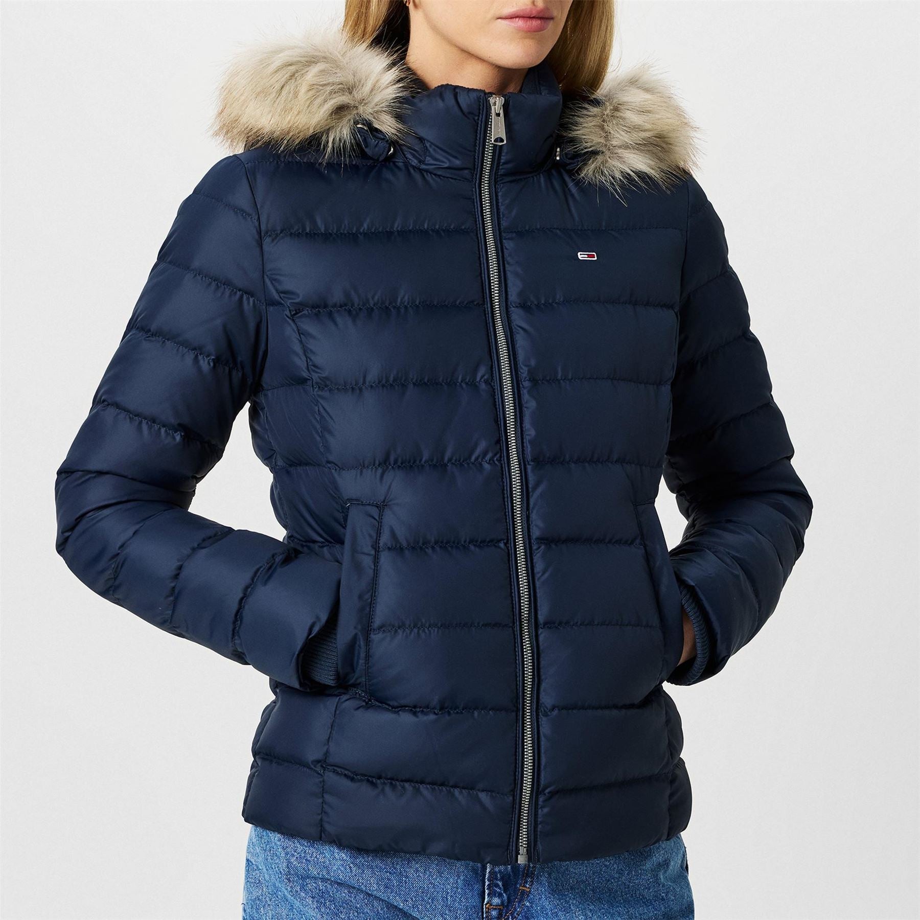 Tommy Jeans Essential Quilted Wind Resistant Faux Fur Hood RDS Down Short Puffer Jacket