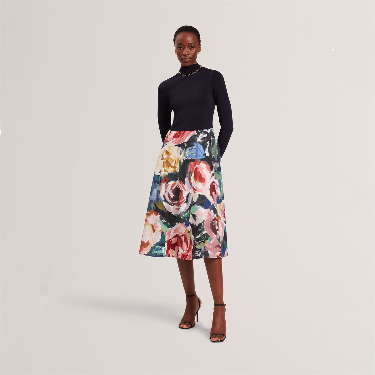 Ted Baker Print V-Neck Long Sleeve Midi Dress