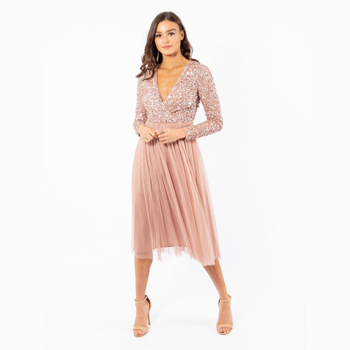 Maya Deluxe Faux Wrap Front Embellished Midi Dress