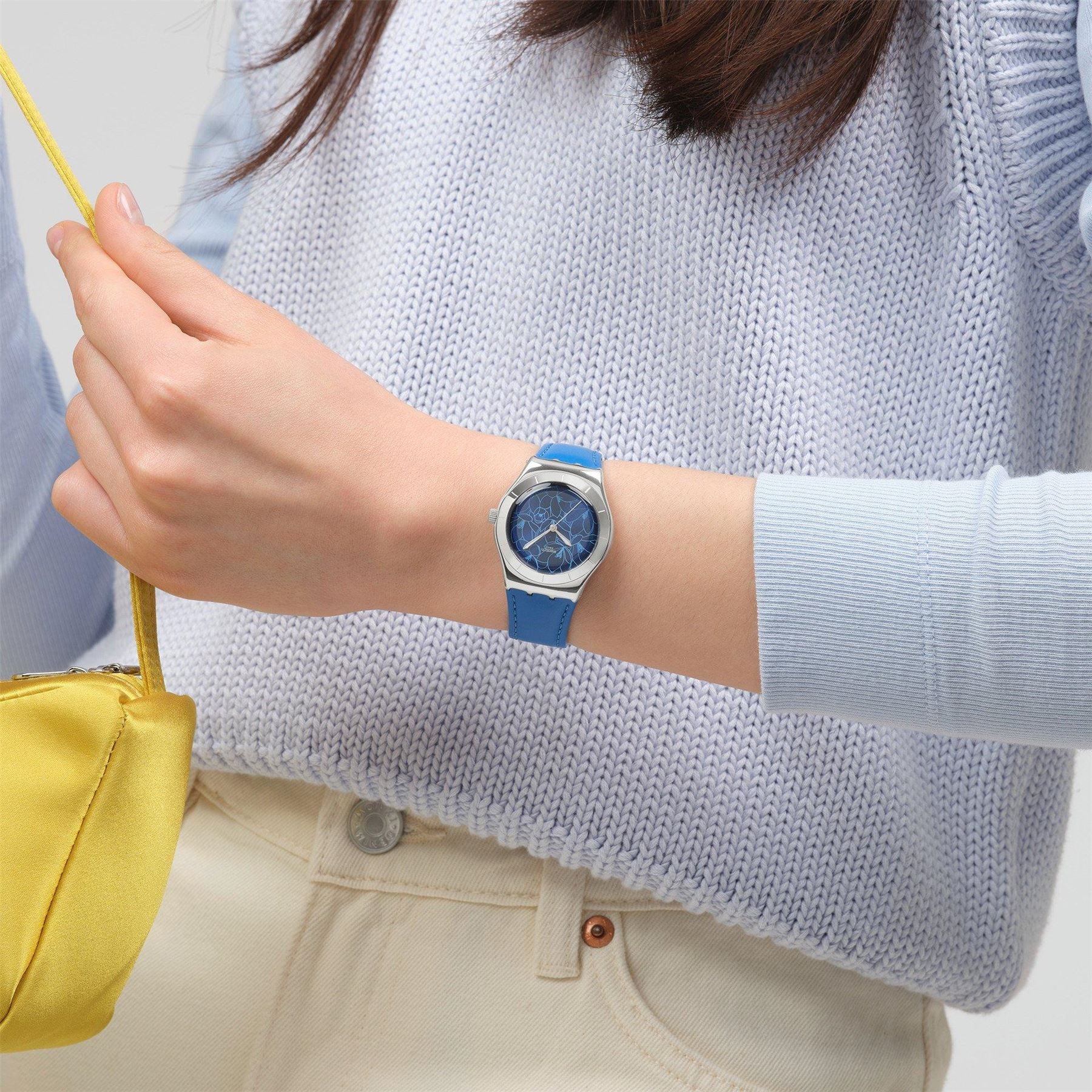 Swatch Blue Petal 53 Leather Strap Fashion Analogue Watch