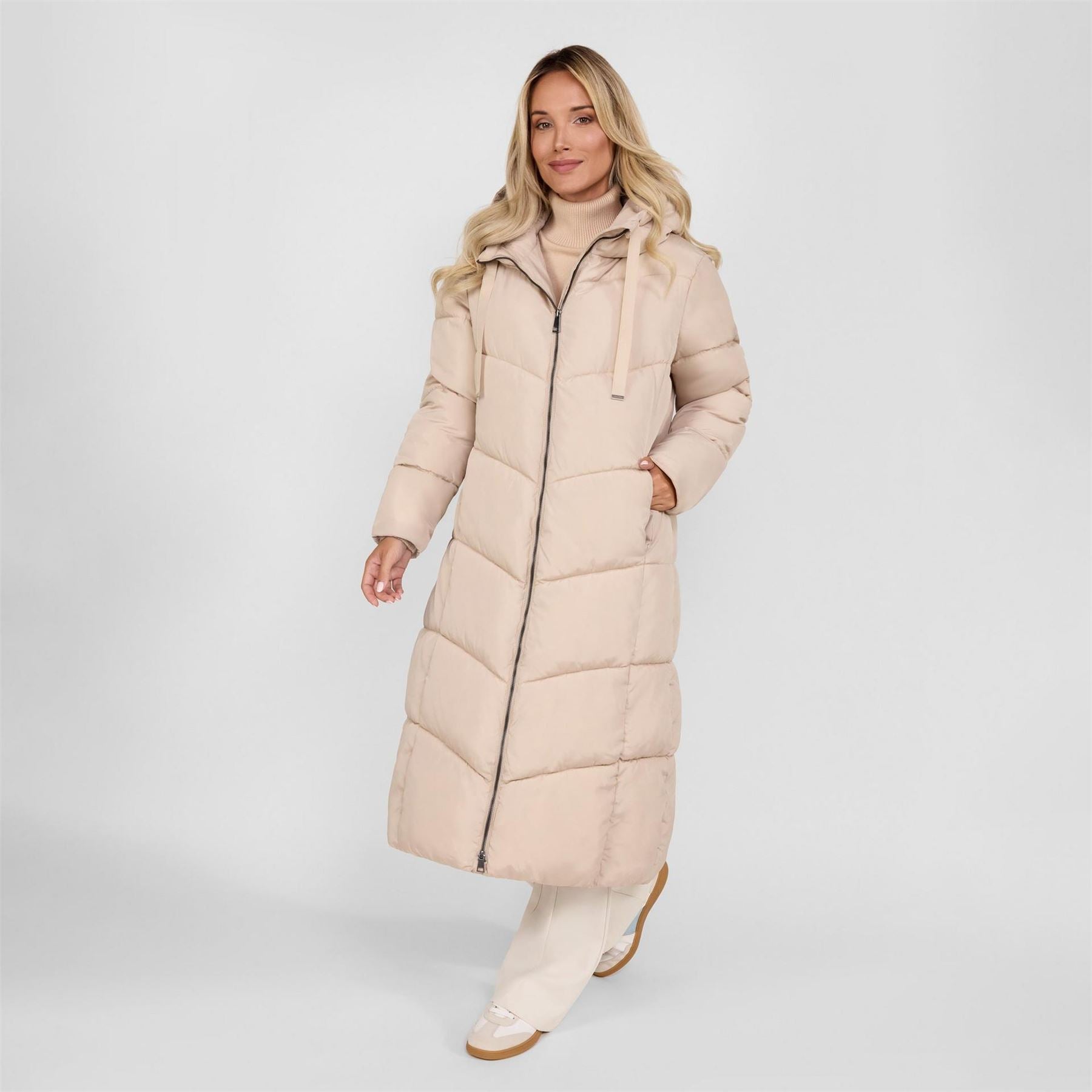 Minoti Women Long Quilted Winter Jacket With Contrast Zip And Drawstring Hood Grey