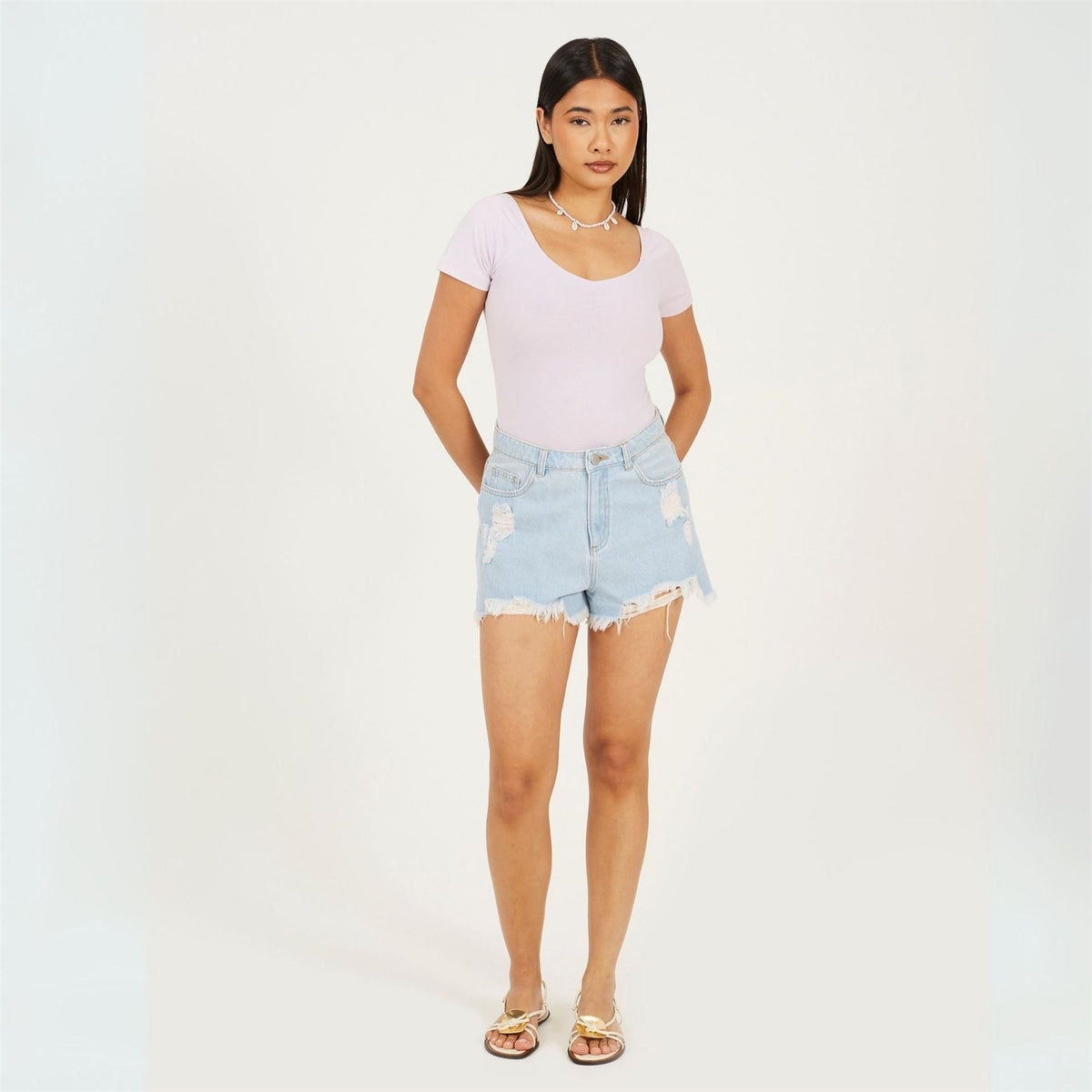 Brave Soul Pastel T shirt Bodysuit with Gathering Detail