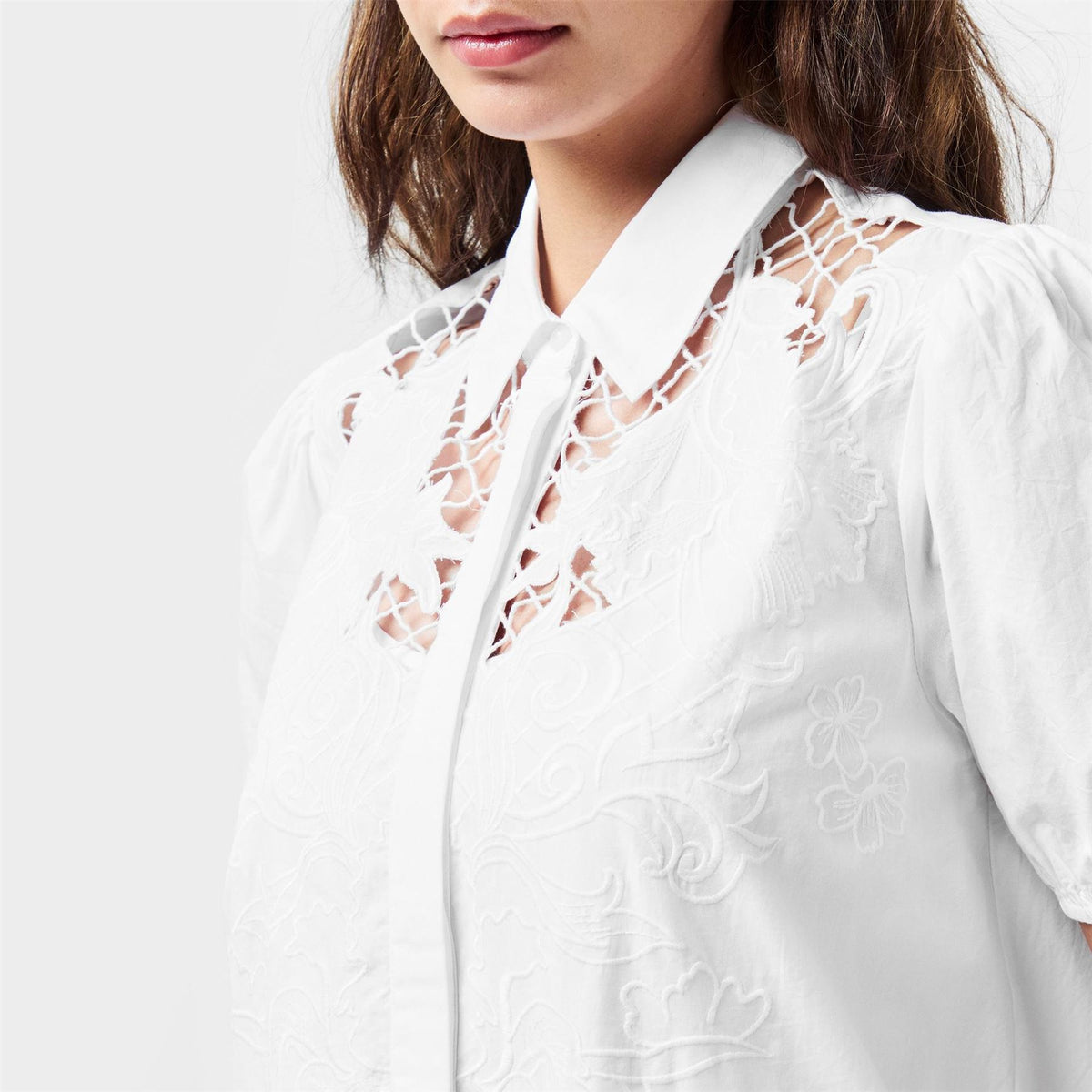 French Connection Mini Shirt Dress with Puff Sleeves and Embroidery