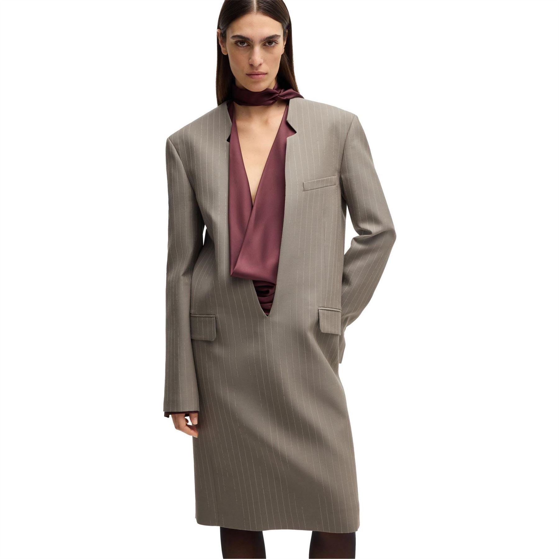 Boss Davee Plunging Neck Long Sleeve Knee Length Dress