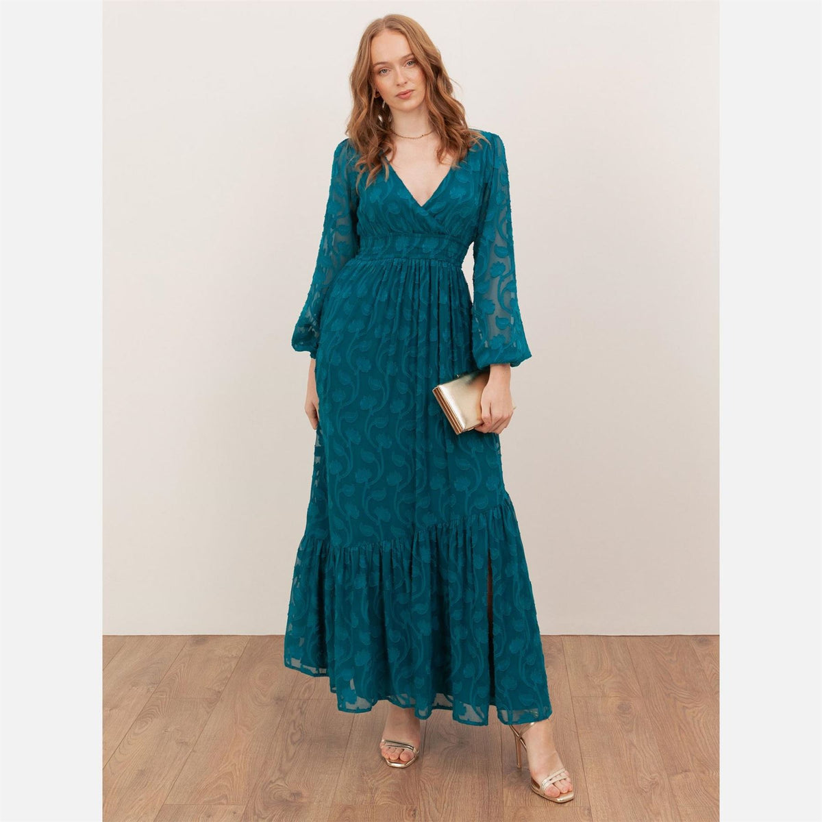 Lovedrobe Teal Floral Burnout Tie Back Maxi Dress With Asymmetric Split Hem