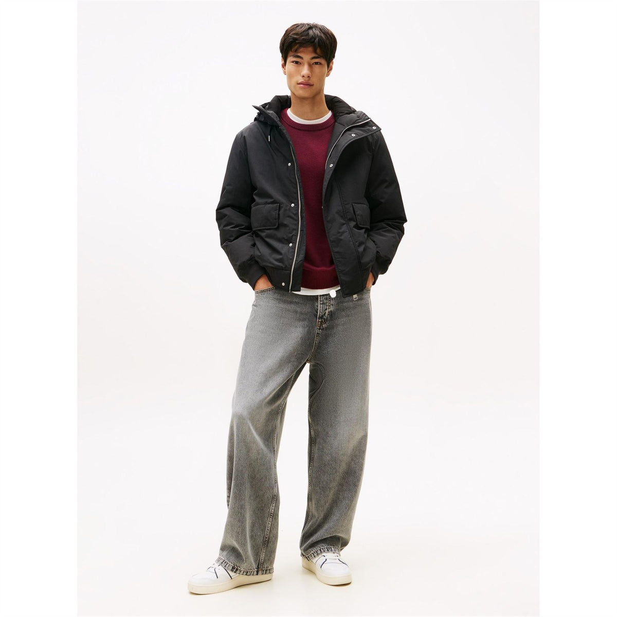 Tommy Jeans Solid Patterned Snap Button Ribbed Cuff Flap Pocket Bomber Jacket