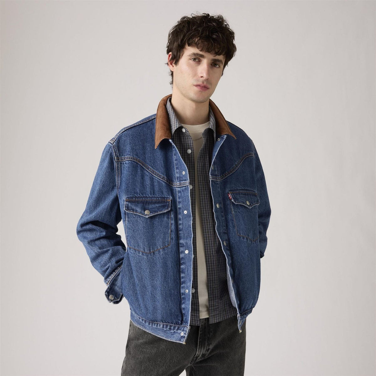 Levis Western Solid Patterned Snap Button Shirt Collared Denim Jacket
