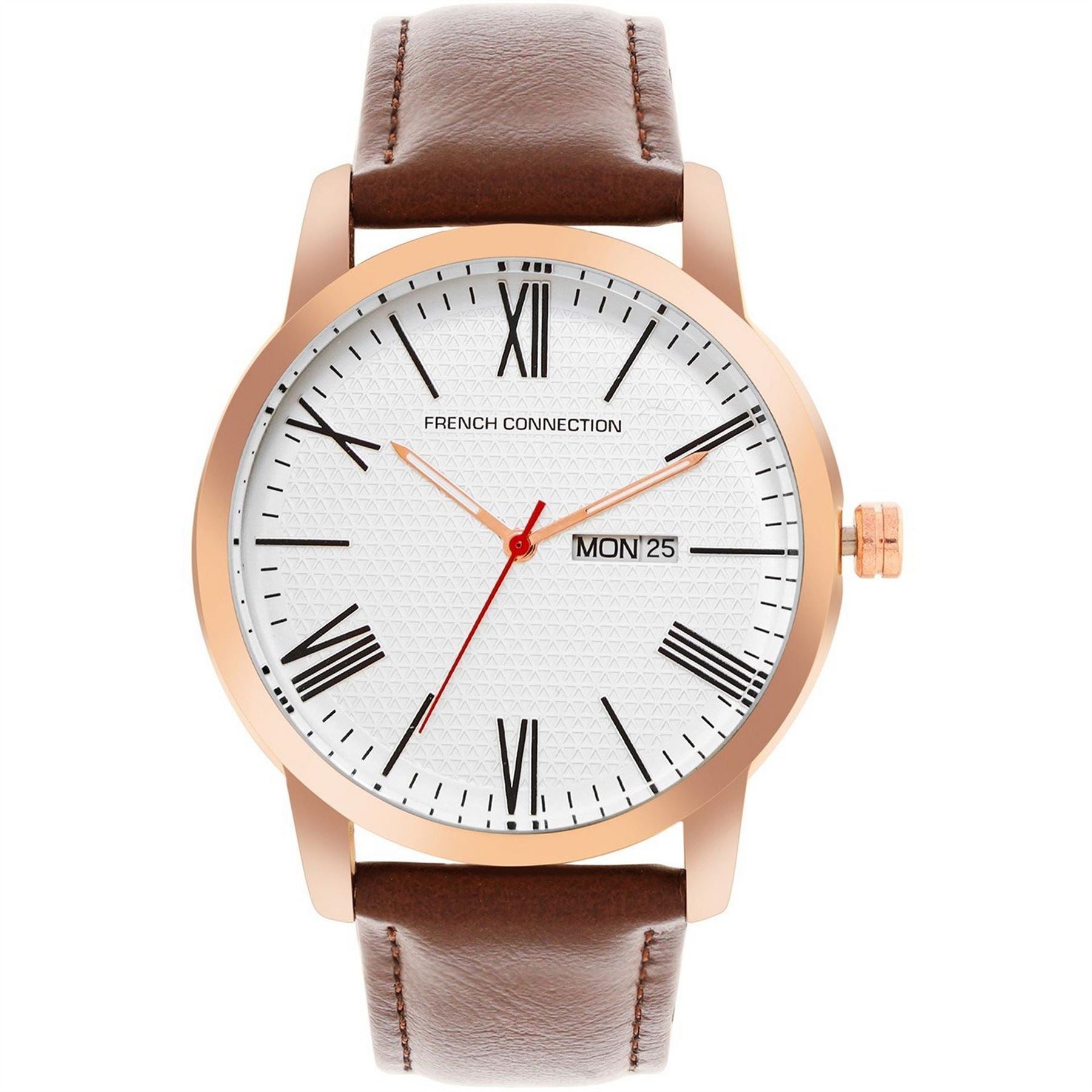 French Connection Connection Rose Case Round Shape Brown Strap Quartz Watch