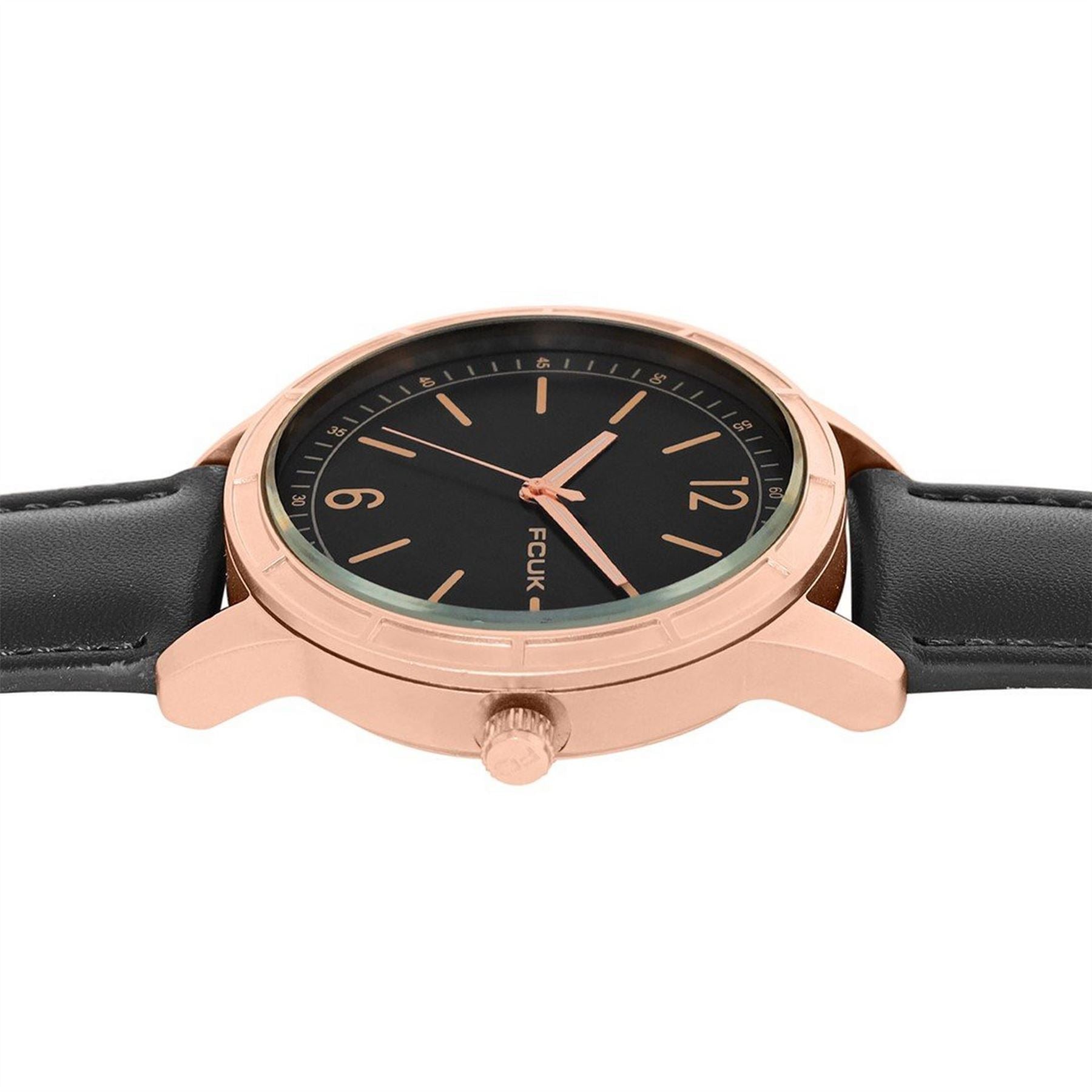 FCUK Rose Case Round Shape Black Strap Quartz Watch