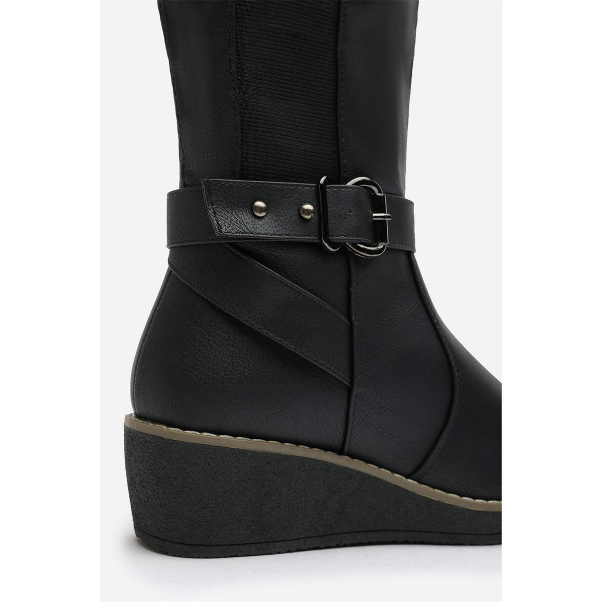 Wheres That From Knee High Wedge Boots With Strap And Buckle