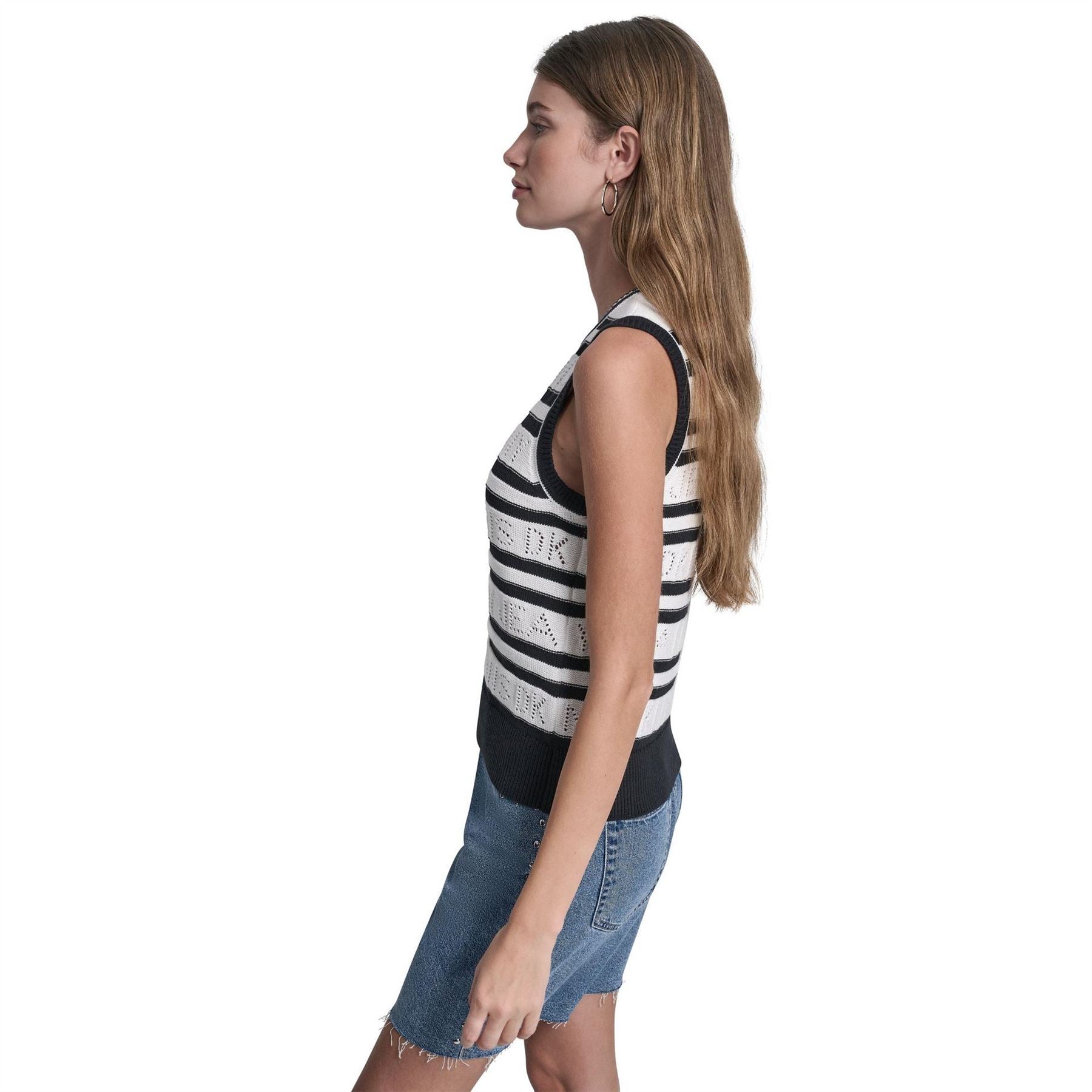 DKNY Jeans Logo Pointelle Striped Sleeveless Sweater