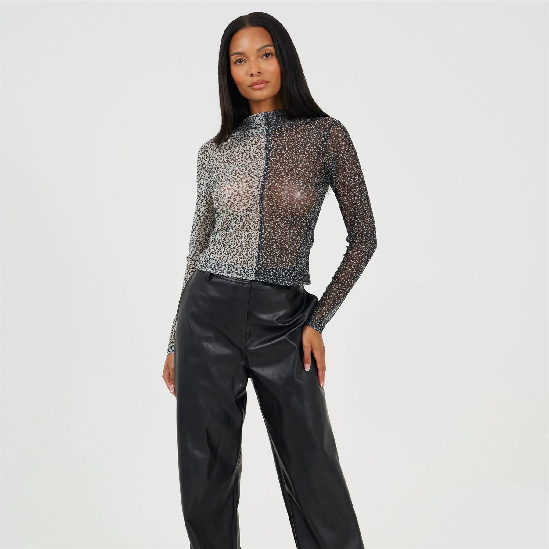 Brave Soul Mock Neck Illusion Sleeve Long Sleeve Mesh Top