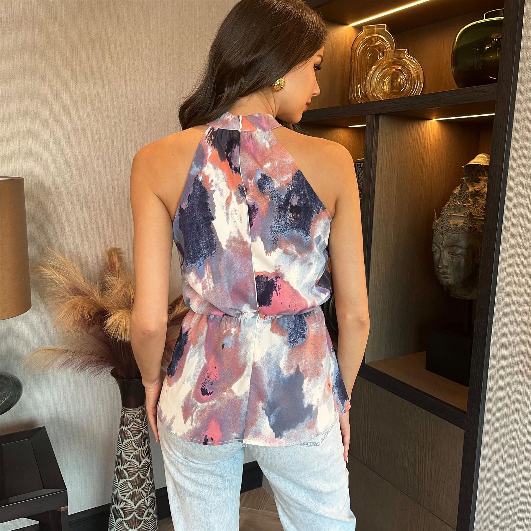 AX Paris Smudge Print Halter Neck Peplum Top