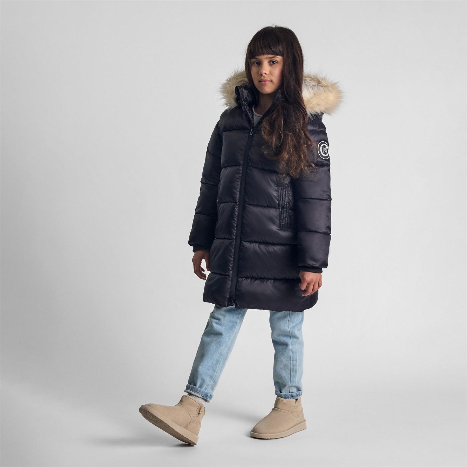 Minoti Girls Long Quilted Winter Coat Hood Black